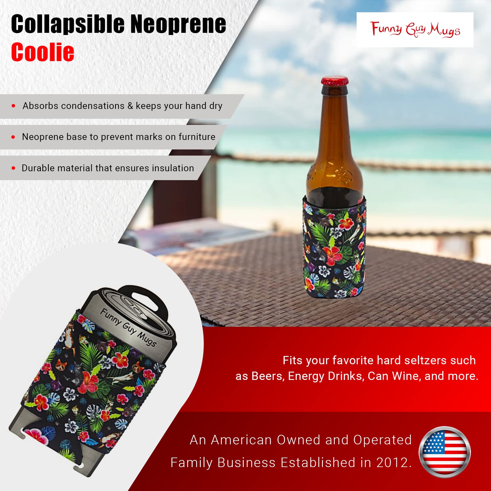 Funny Guy Mugs Hawaiian Cat Collapsible Neoprene Can Coolie - Drink Cooler