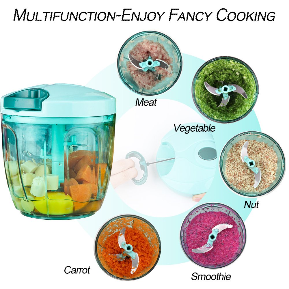 Ourokhome Manual Chopper Food Processor - Vegetable Masher For Onion, Garlic, Parsley With 5 Blades (Teal, 900Ml)