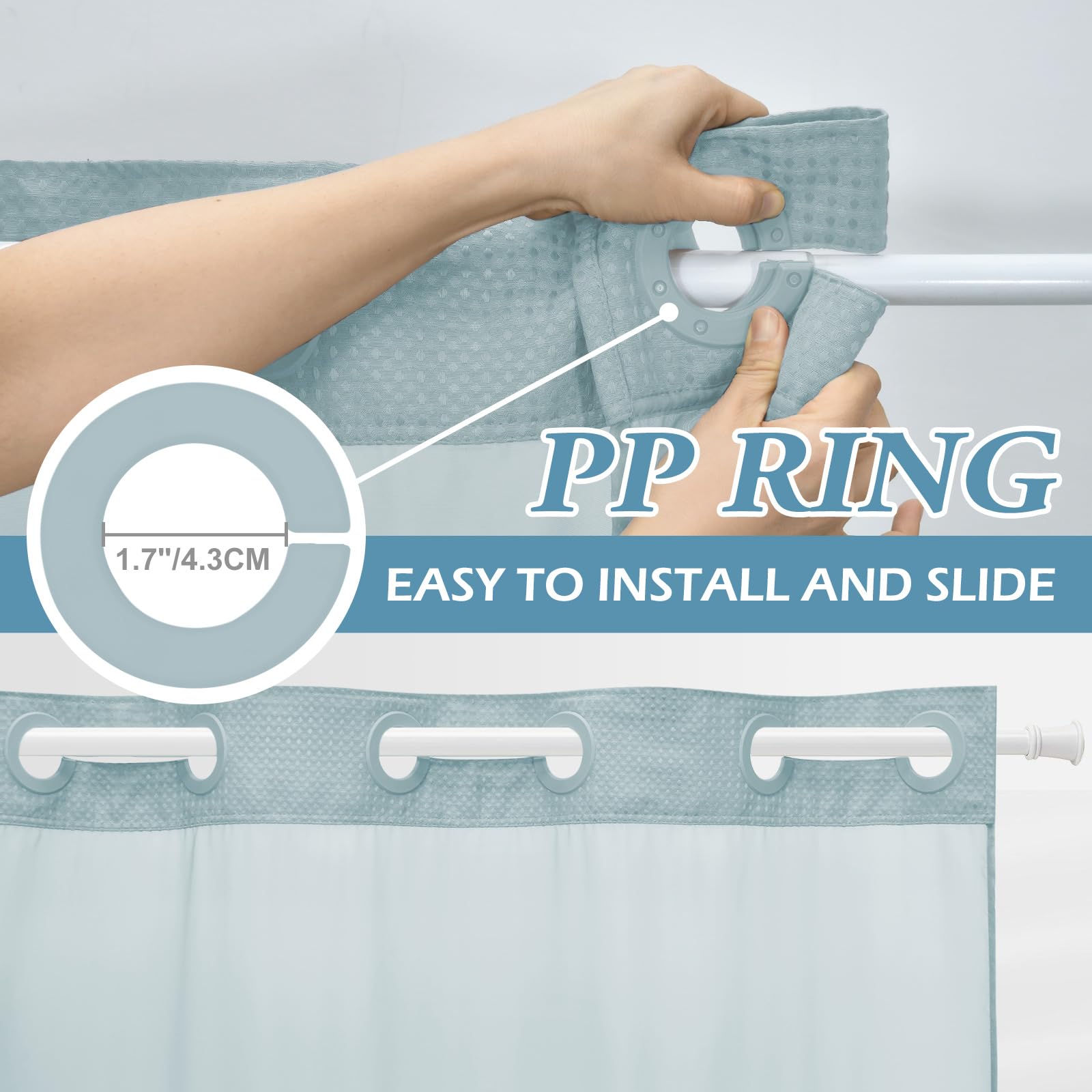 Eutxl Fog Blue Long No Hook Shower Curtain With Snap In Liner,230Gsm Waffle Weave Shower Curtains For Bathroom,71W X 86H