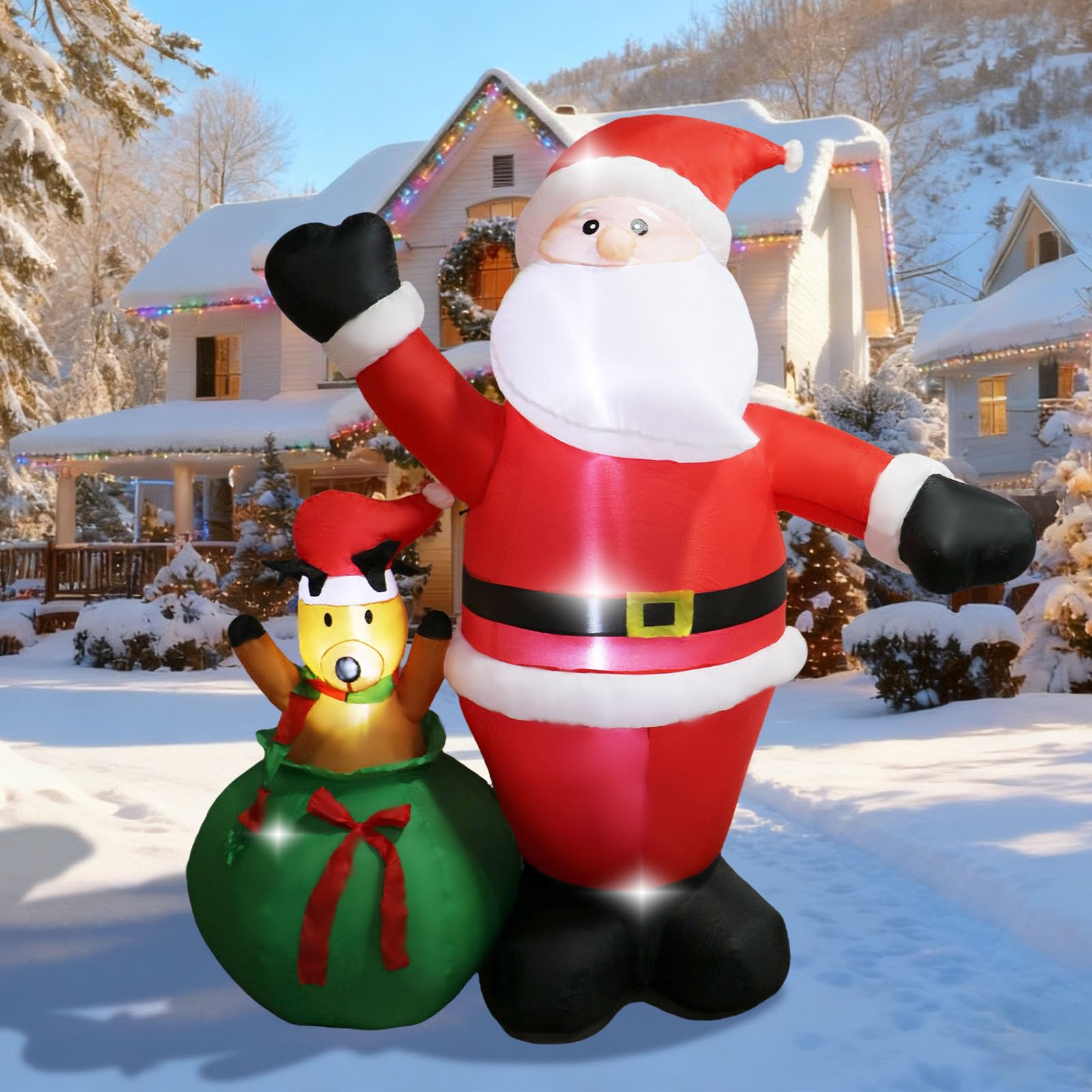6 FT Christmas Inflatable Santa Claus+ Reindeer Peeking Out from Santas Sack- Lighted Blow Up Yard Decoration, Festive Outdoor H