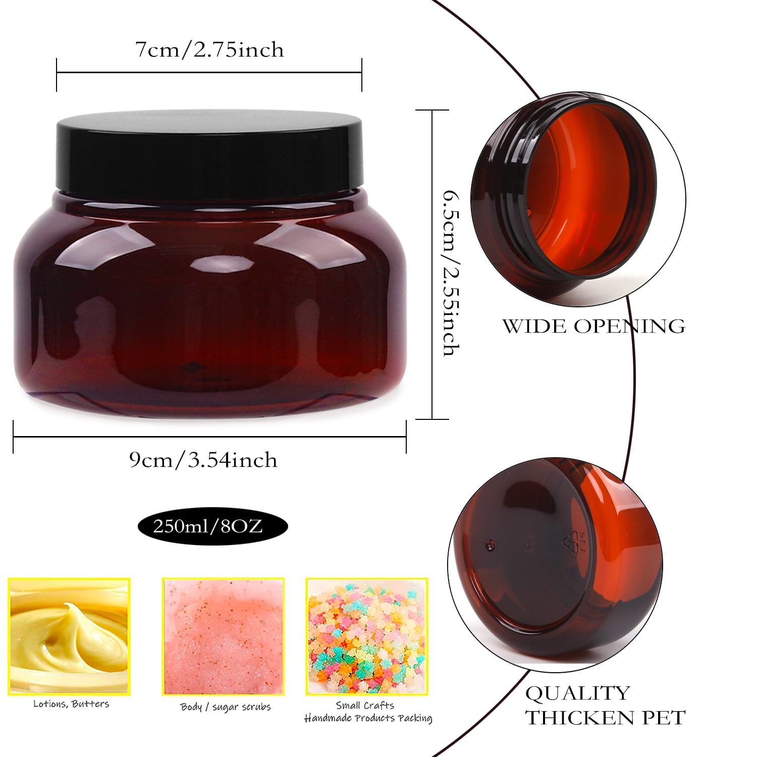 Amber Plastic Jars With Lids, 12 Pack Brown Body Scrub Jars Empty Refillable Containers Round Low Profile Samples Jars For Lotio