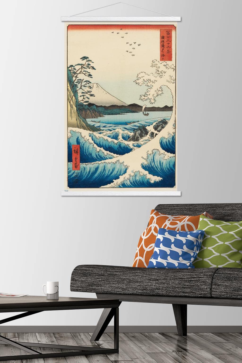 Trends International Hiroshige - The Sea At Satta Wall Poster, 22.375'' X 34'', Premium Print And White Hanger Bundle