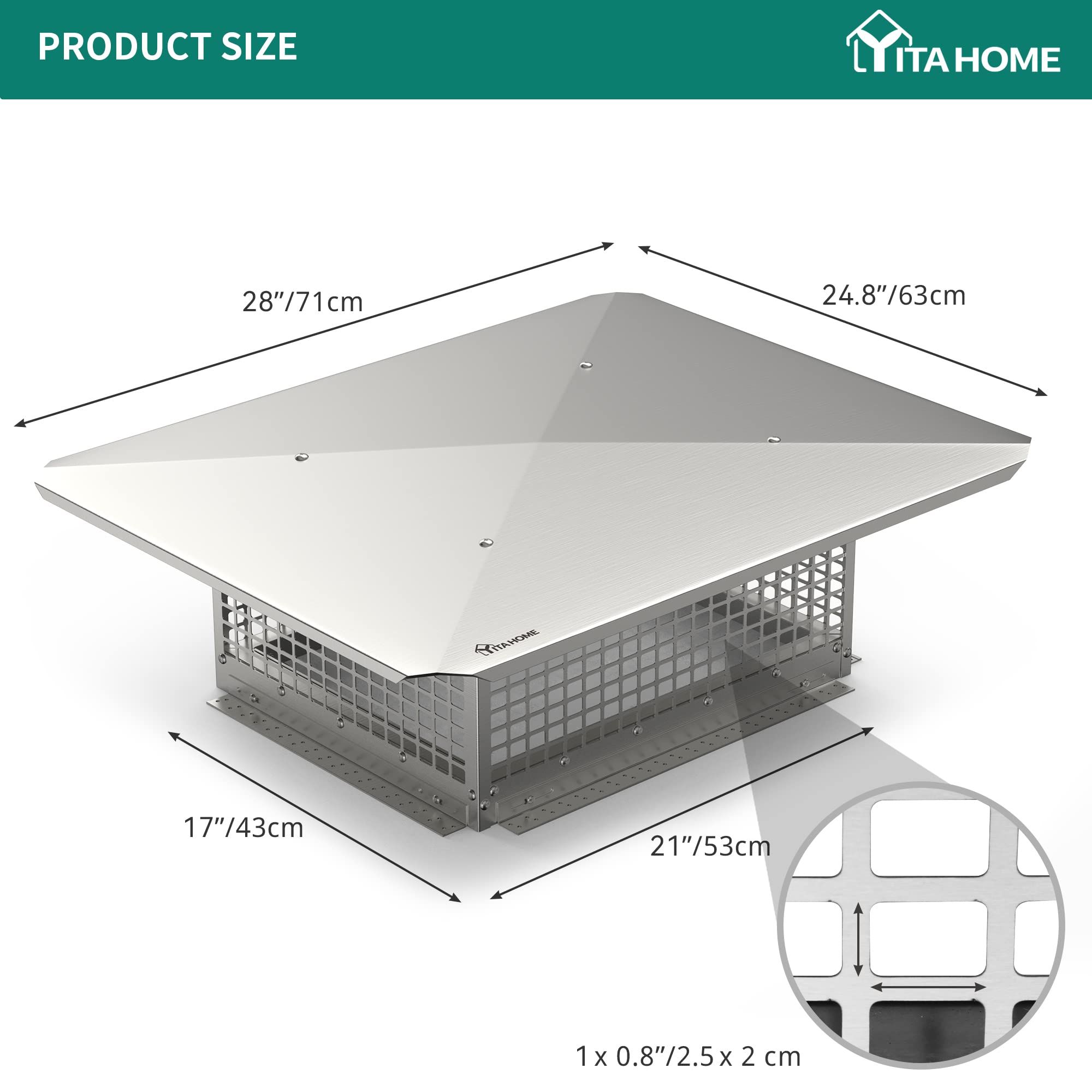 Yitahome Chimney Cap, 17'' X 21'' Chimney Cover For Outside, 304 Stainless Steel Fireplace Chimney Caps With Adjustable Metal St