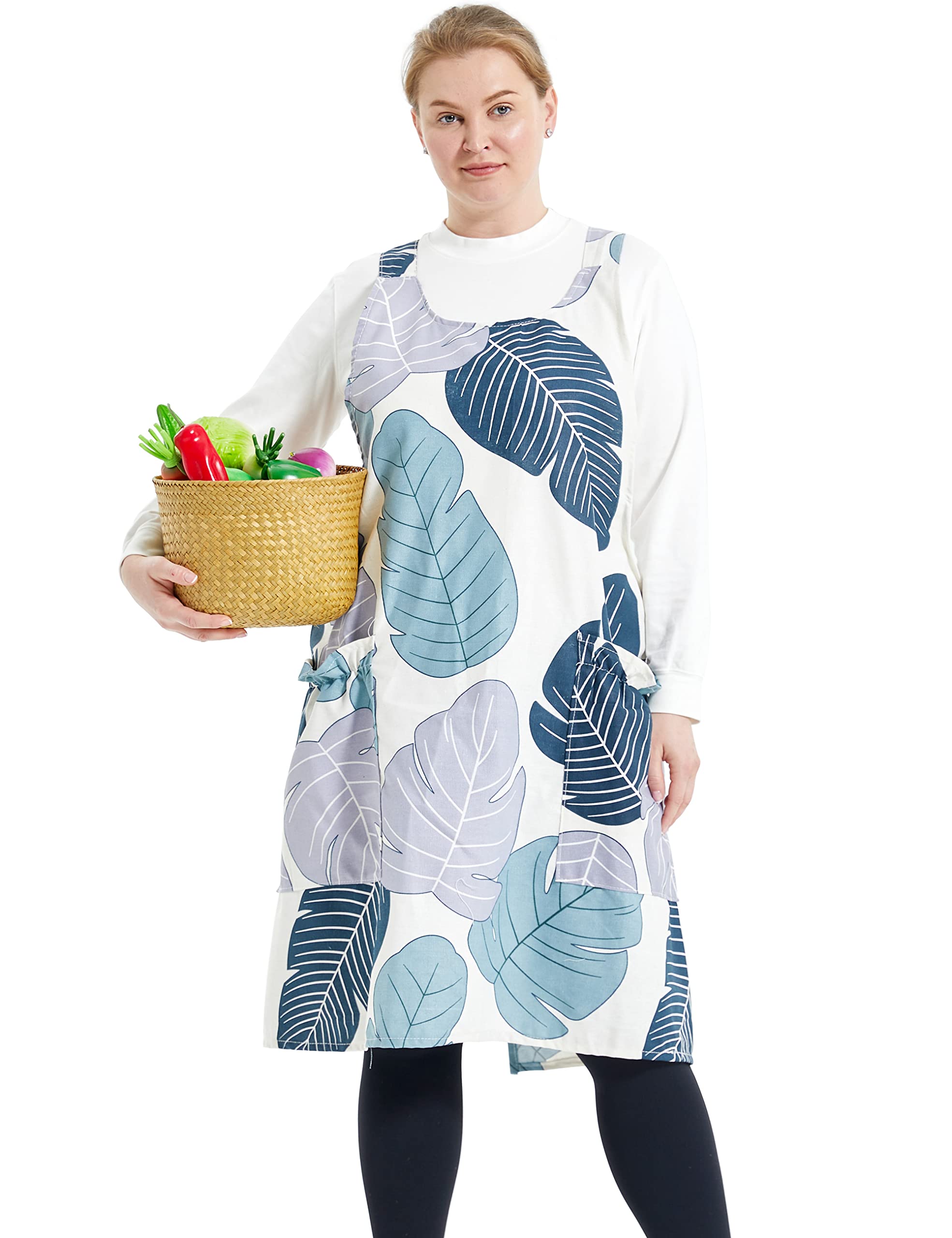 Apronner Big Plus Size Aprons For Women With Pockets Cotton Linen Baking Kitchen Cooking Banana Leaf