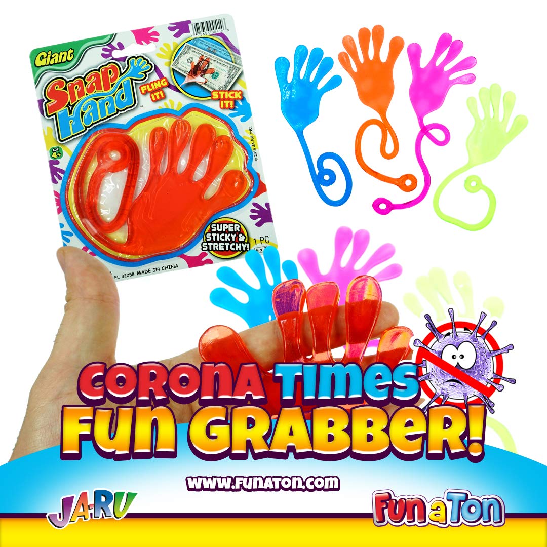 Fun A Ton Giant Snap Hand-Jumbo Sticky Hands Toy (4 Pack Assorted) Large Stretchy Sticky Hands Toy For Kids. Party Favors, Class