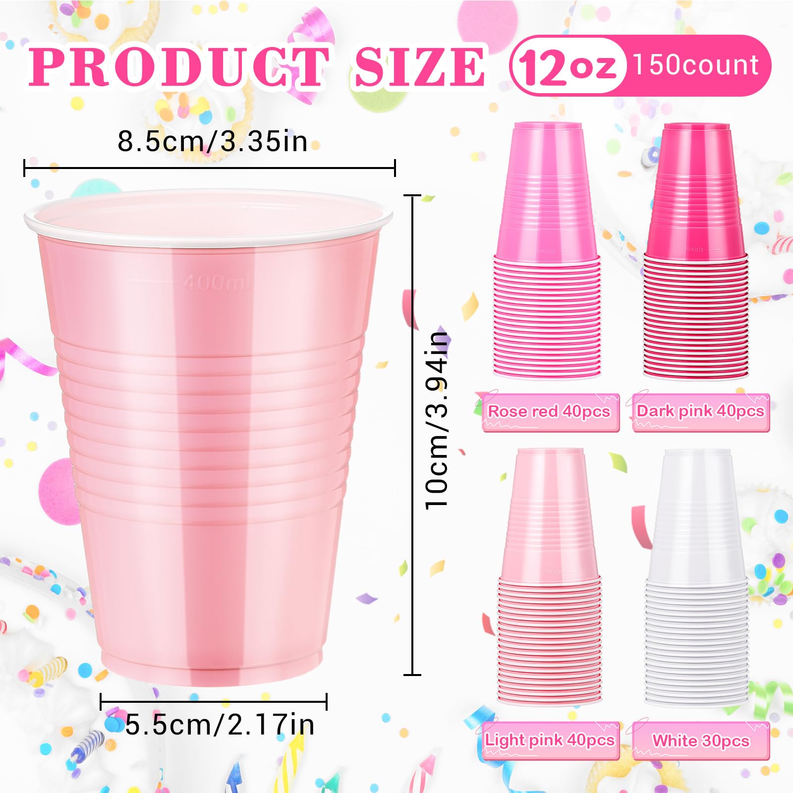 Afarnook 150 Pcs 12oz Plastic Cups Bulk Pink Disposable Party Cups Supplies for Birthday Wedding Graduation Halloween Thanksgivi
