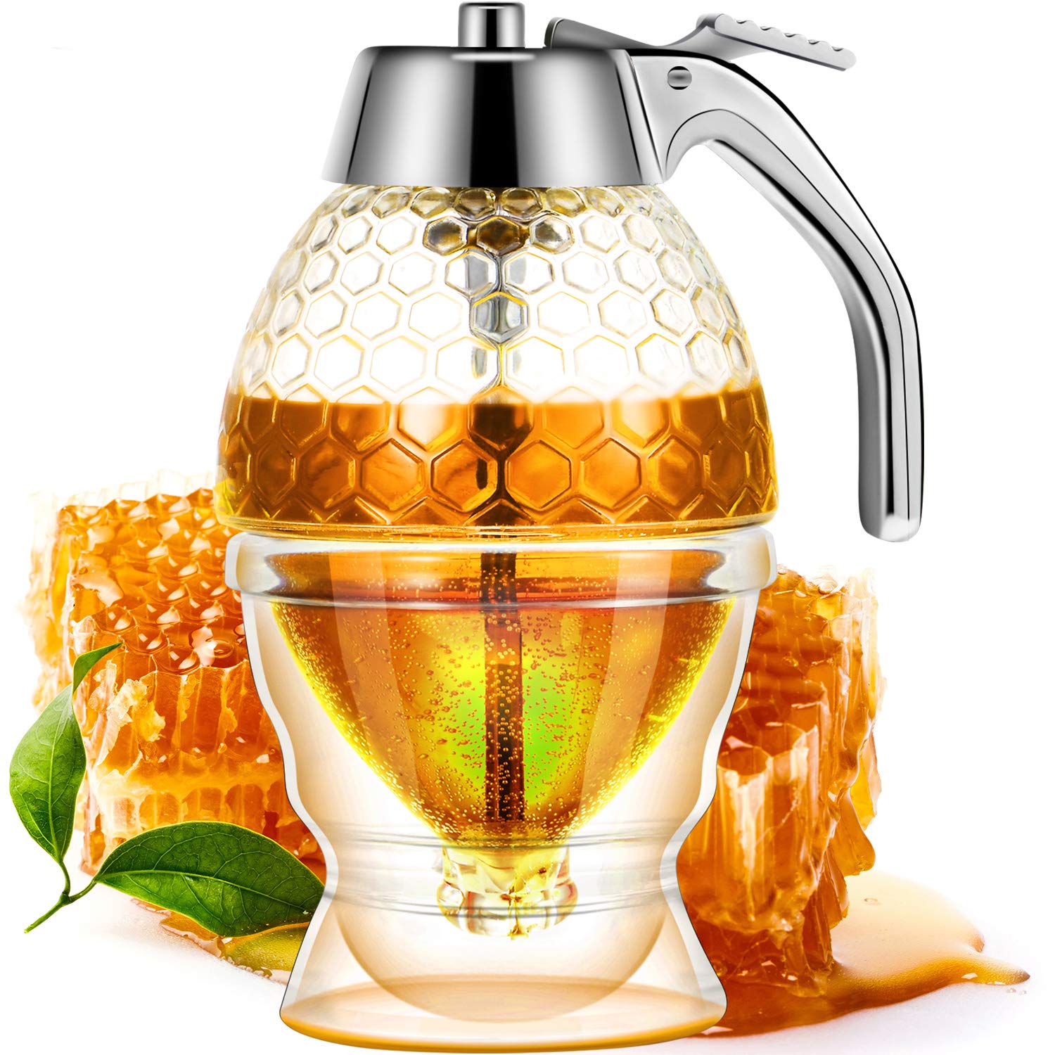 Boao Acrylic Honey Dispenser With Stand Honey Comb Shaped Honey Pot, Syrup And Sugar Jar Pot, No Drip Honey Dispenser With High