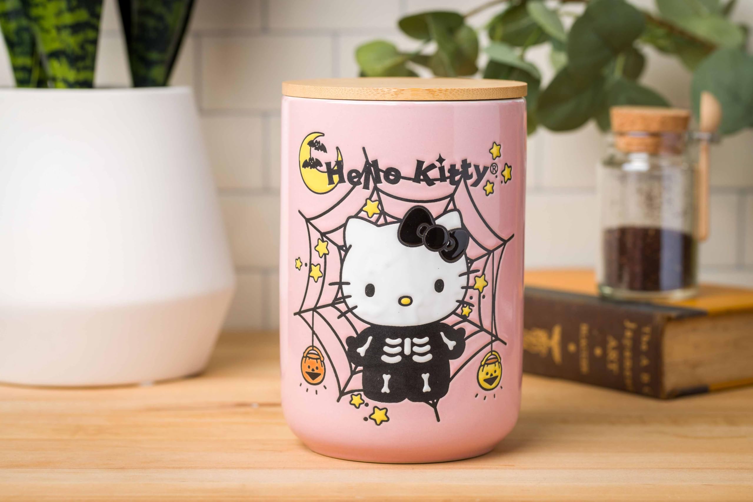 Silver Buffalo Sanrio Hello Kitty Halloween Spooky Skeleton Web Ceramic Cookie Snack Candy Jar With Airtight Bamboo Lid, Lavende
