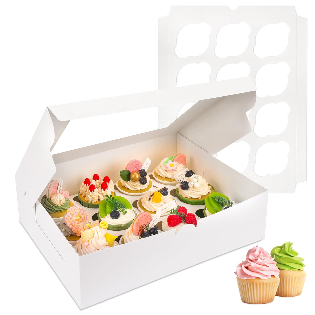 Moretoes 15 Sets Cupcake Boxes, 12 Count Cupcake Containers, 13X10X3.5 Inches Bakery Boxes With Window And Inserts To Fit Muffin