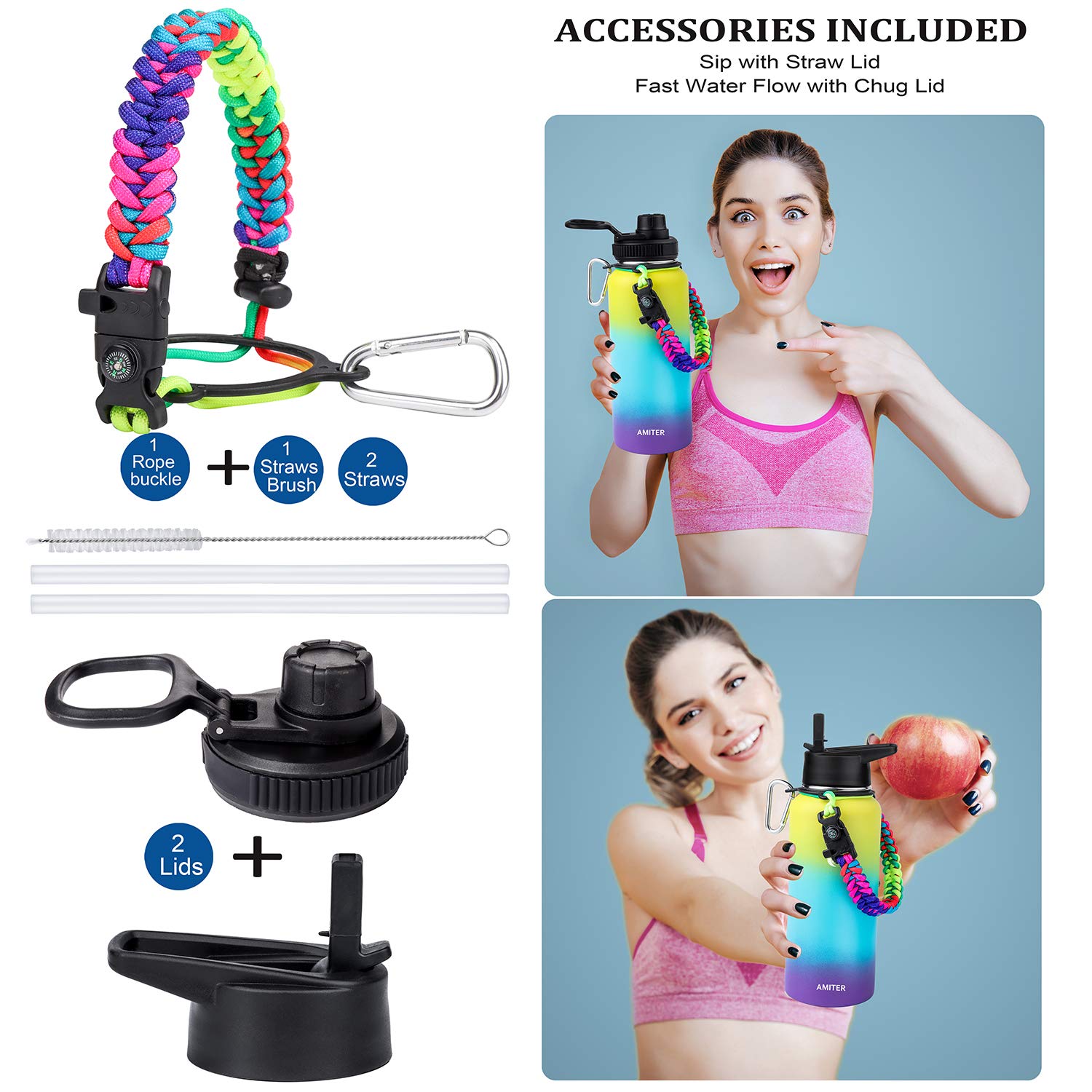 Amiter Insulated Bottle With Straw & Spout Lid, Wide Mouth Stainless Steel Water Bottles With Paracord Handle - 22Oz