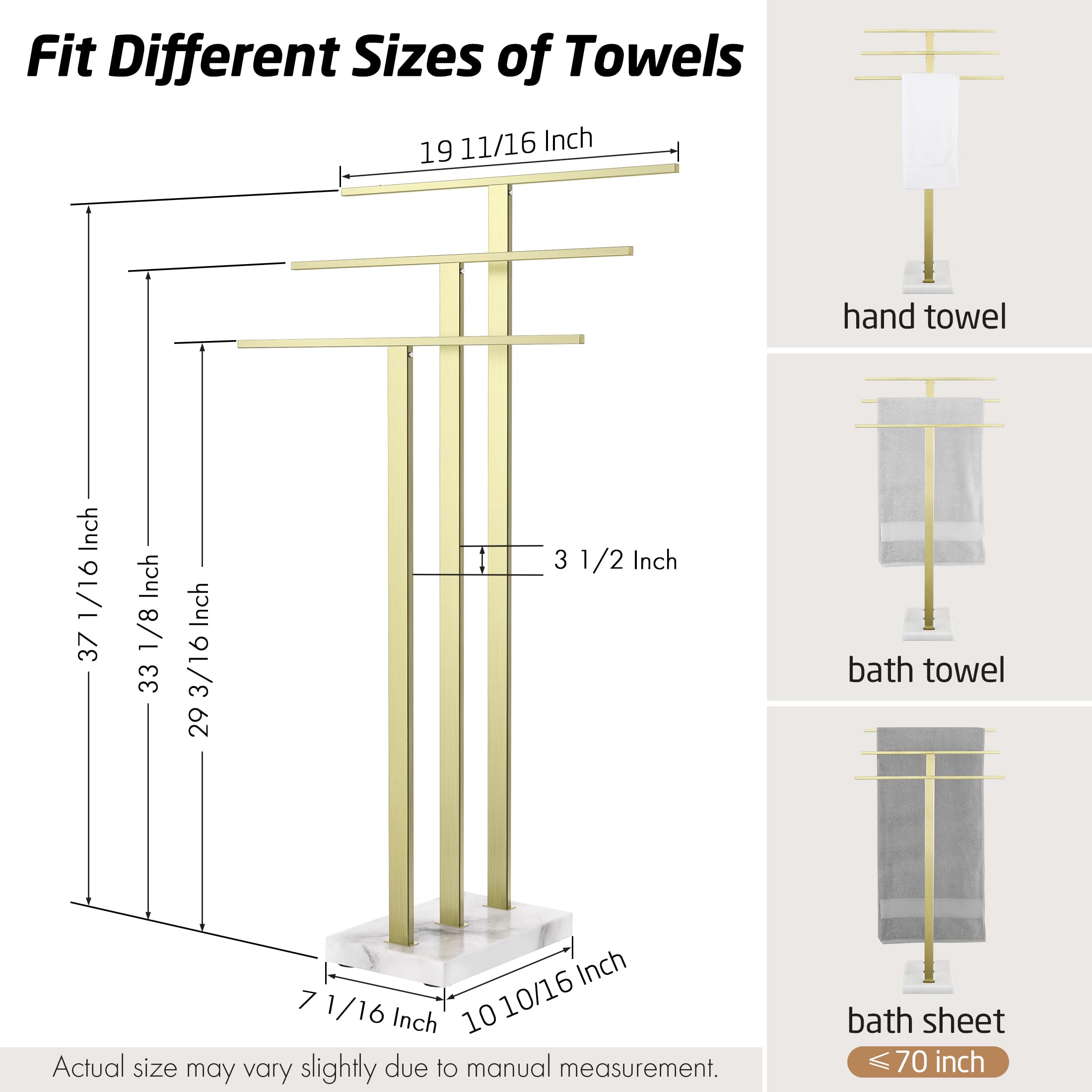 Kes Standing Towel Rack 3-Tier With Marble Base, Brushed Gold Towel Rack Stand For Bathroom Floor, Fits Large Bath Towel & Hand