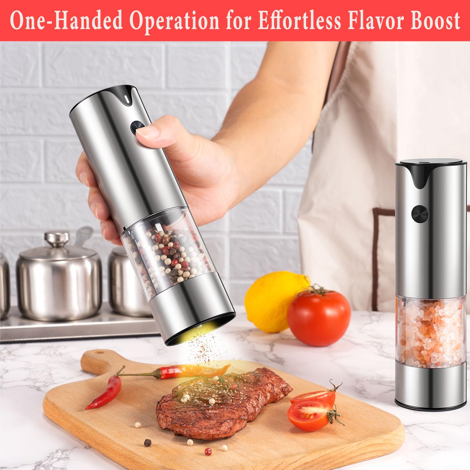 Rechargeable Electric Salt And Pepper Grinder Set - Extra Large Capacity - Automatic Black Peppercorn & Sea Salt Spice Mill Set