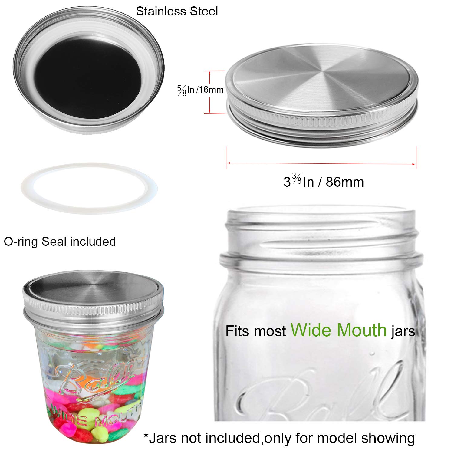Stainless Steel Mason Jar Lids, Storage Caps With Silicone Seals For Wide Mouth Mason Canning Jars, Polished Surface, Reusable A