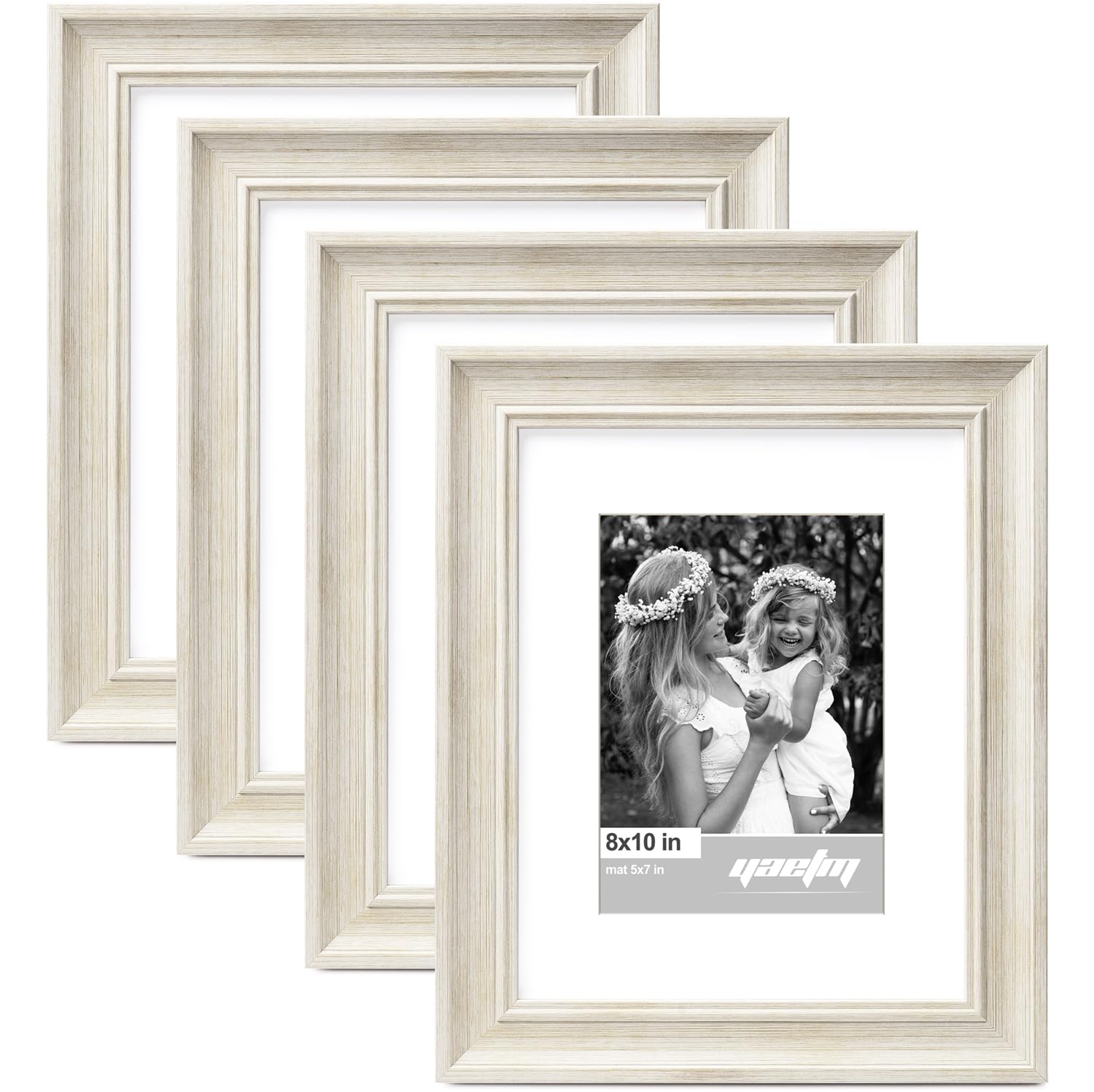 Yaetm 8x10 Picture Frame Matted to 5x7 Set of 4, 1.4    Wide Molding & Rustic White Photo Frames 8 x 10 with Tempered Glass, Dis