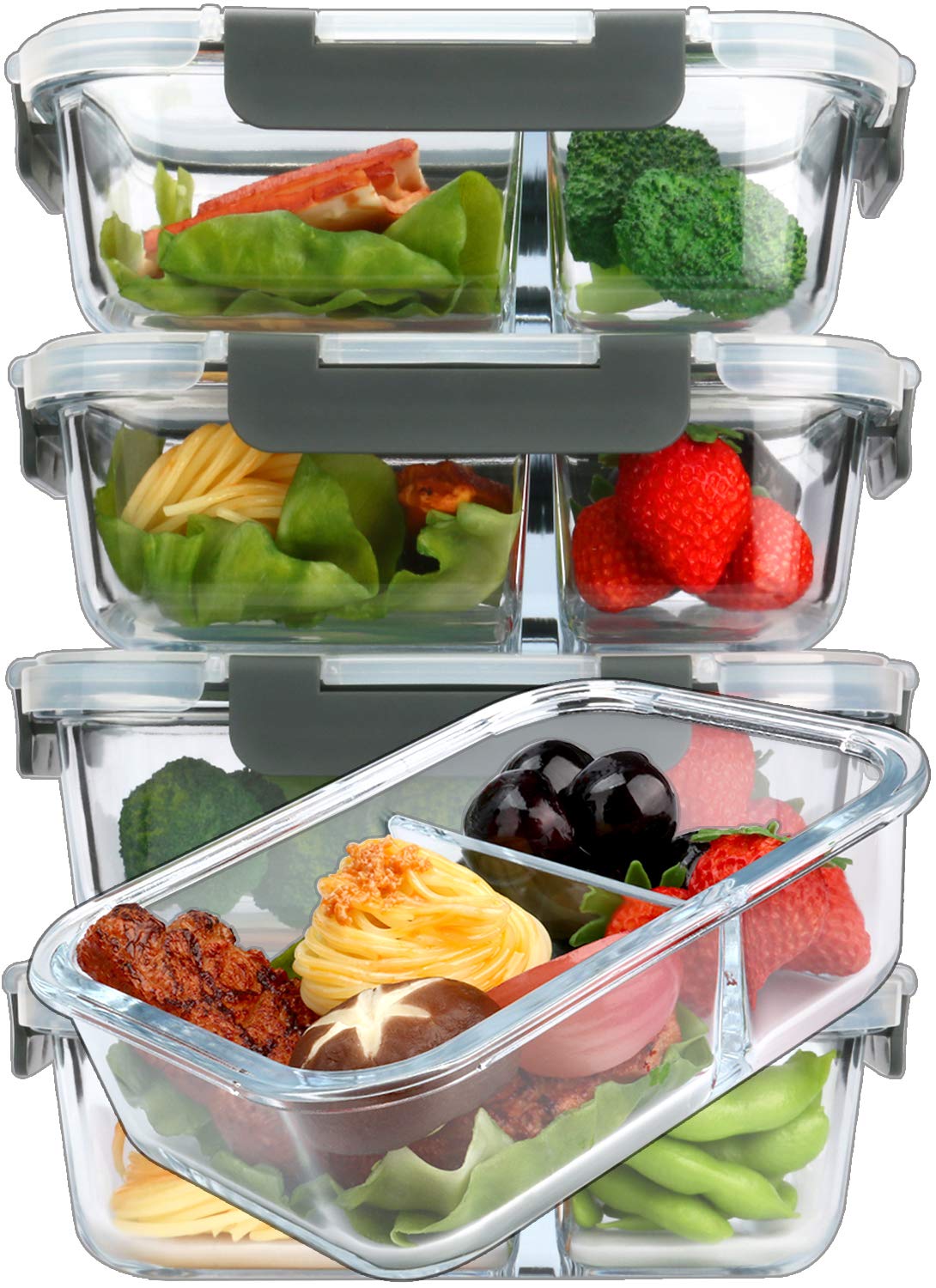 M Mcirco [5-Pack,36 Oz] Glass Meal Prep Containers 2 Compartments Portion Control With Upgraded Snap Locking Lids Glass Food Sto
