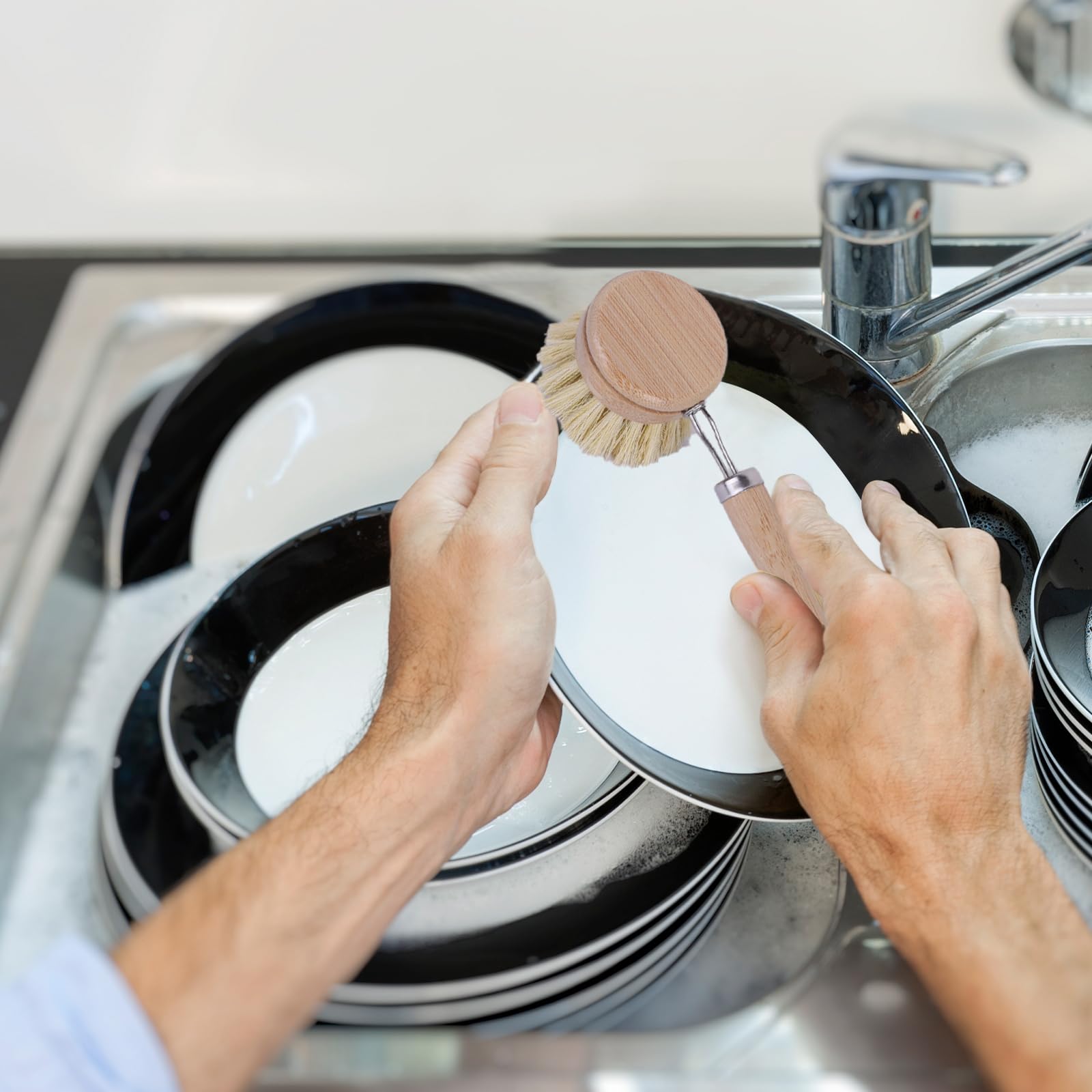 Bamboo Dish Brush With Handle 4 Replacement Heads Eco Soft Sisal Dish Scrub Brush Vegetable Brush Dish Scrubber Brush Dishwashin