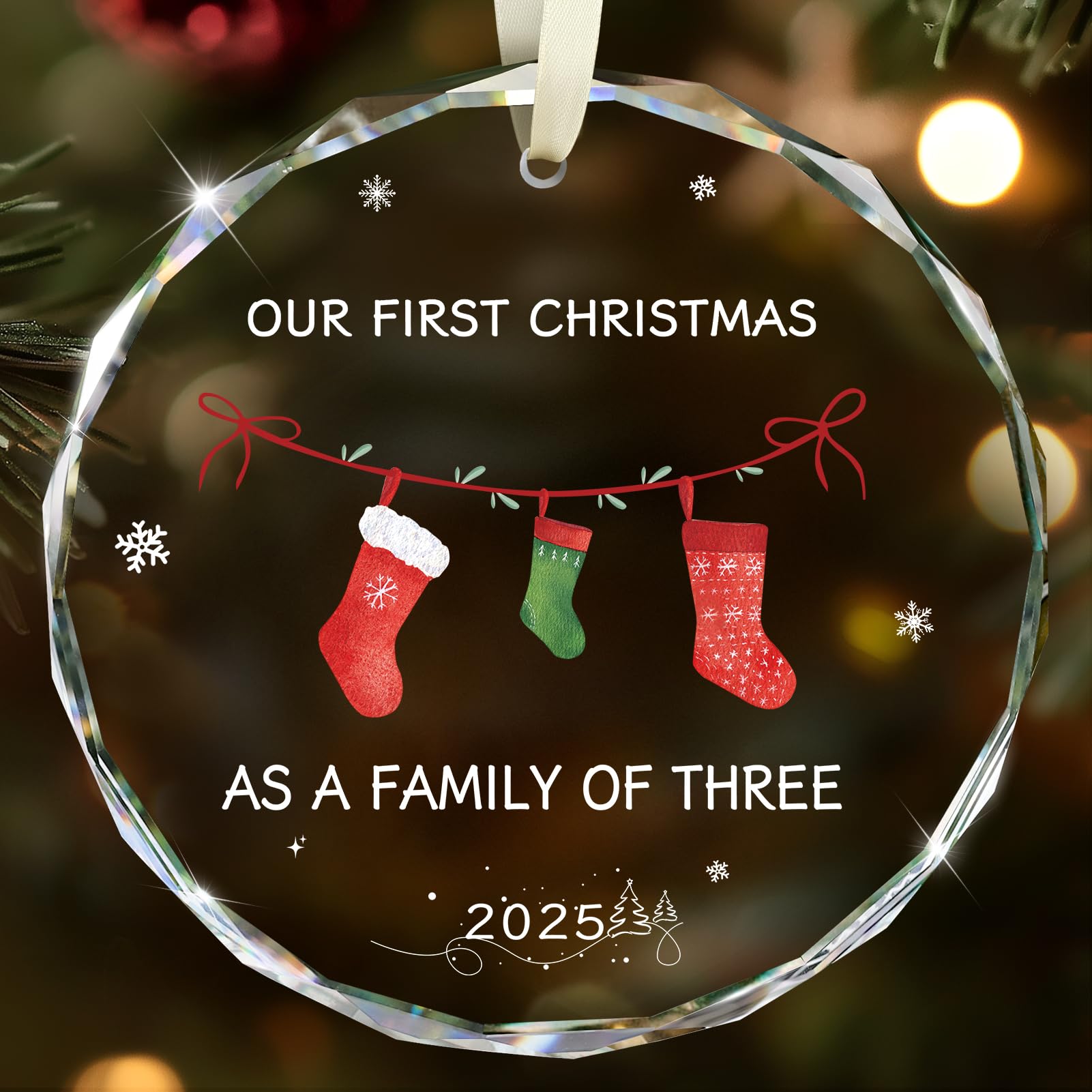 Family Christmas Ornaments 2025, Our First Christmas as A Family of Three Glass Ornament New Mom and Dad Gifts First Time 2025 K