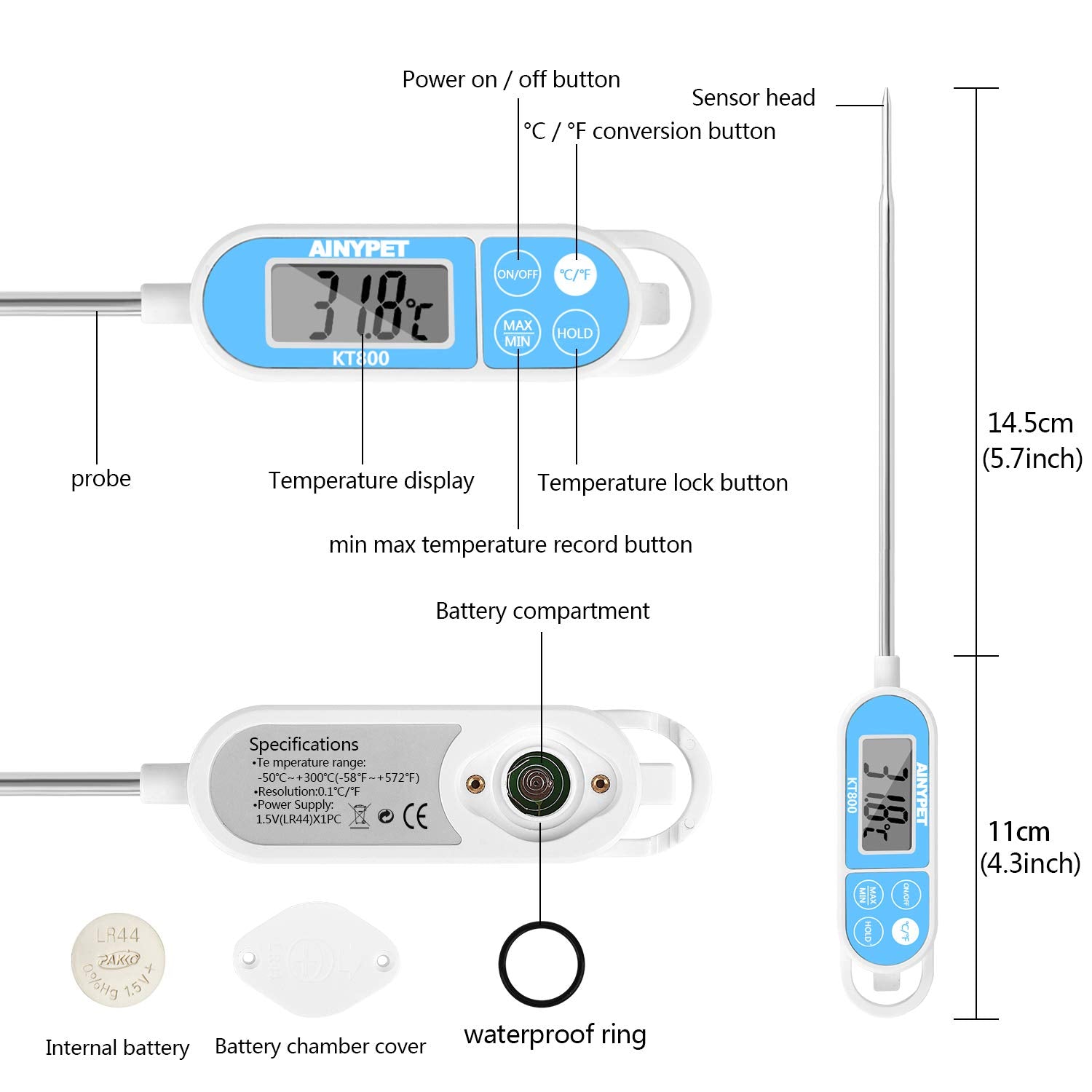 Gxstwu Kt800 Ipx7 Waterproof Meat Thermometer Digital Instant Read Food Thermometer With Minmax Hold Function, 1 Pack, Blue