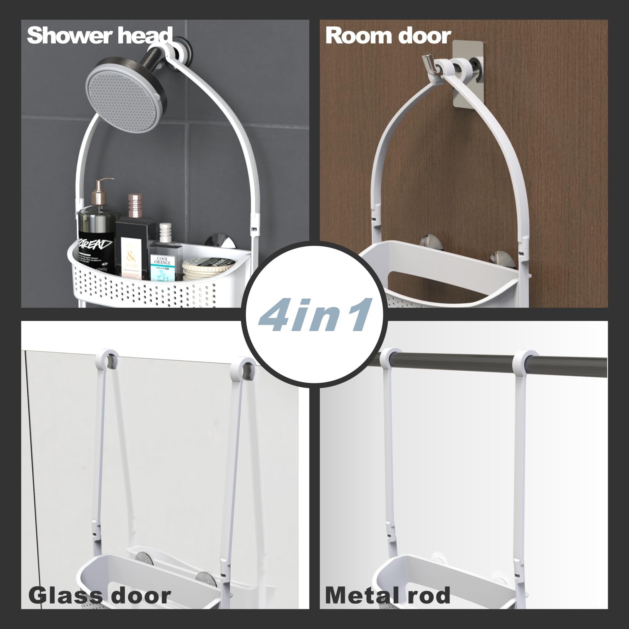 Emt Etrends Shower Caddy Hanging, Anti-Swing Over Head Shower Caddy,Plastic Bathroom Organizer, Multiple Hanging Modes Shelf Wit