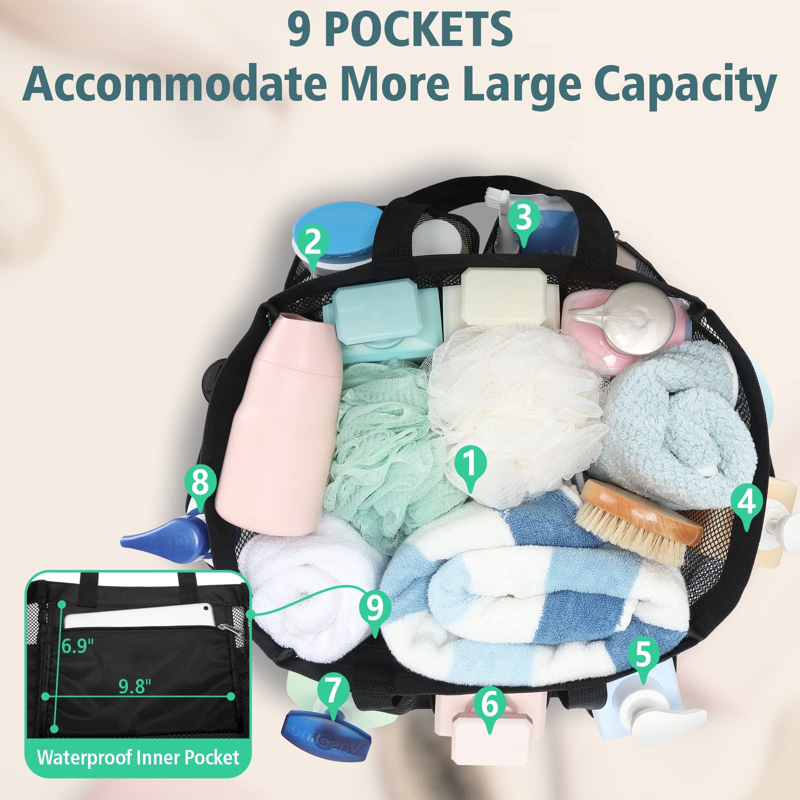 F-Color Mesh Shower Caddy Portable, 8.3'' Deeper Pockets Large Shower Caddy Bathroom Caddy For College Dorm Room Bathroom Essent