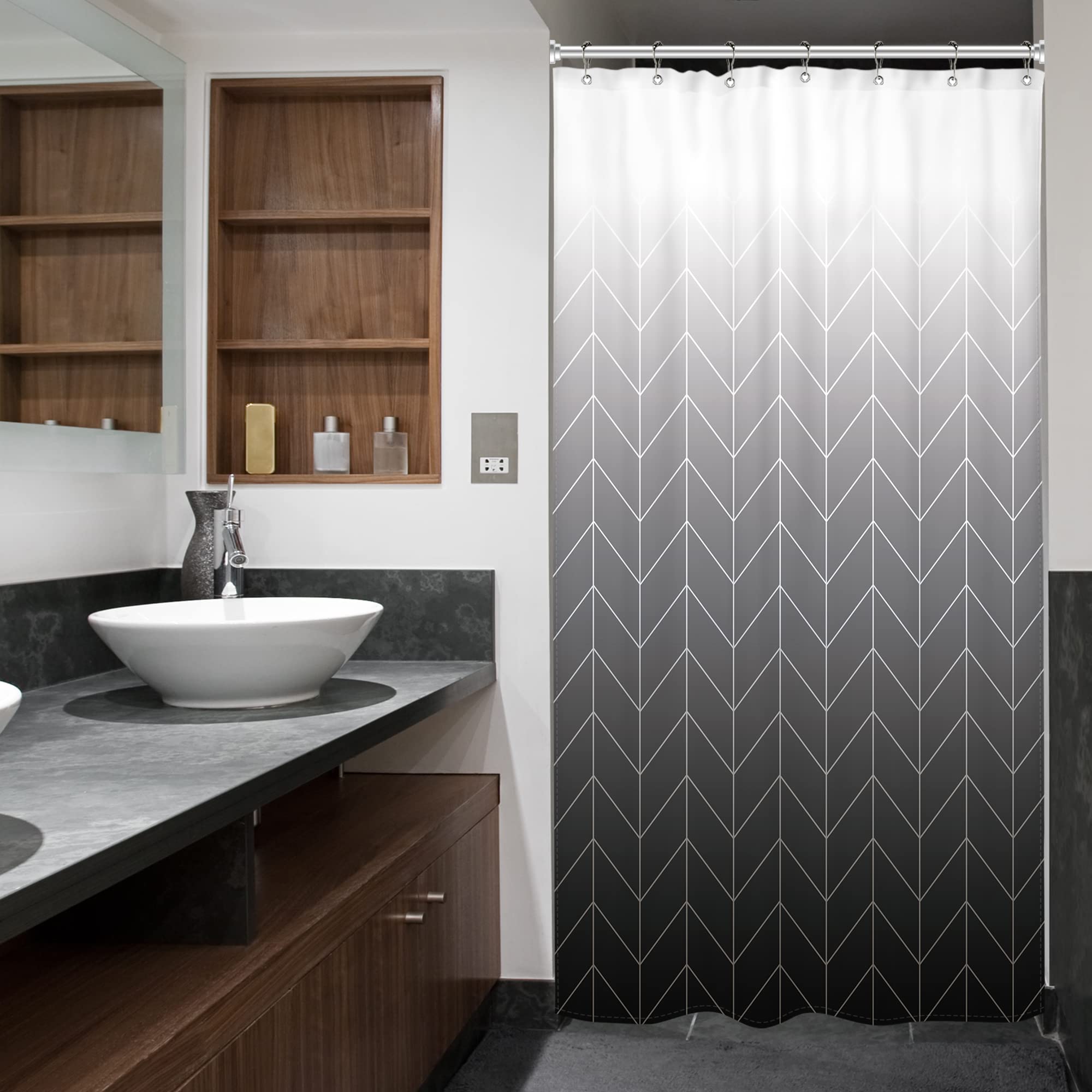 Riyidecor Small Stall Rv Shower Curtain Black Grey White Half Ombre Herringbone Chevron 36Wx72H Inch Geometric Modern Narrow Wal