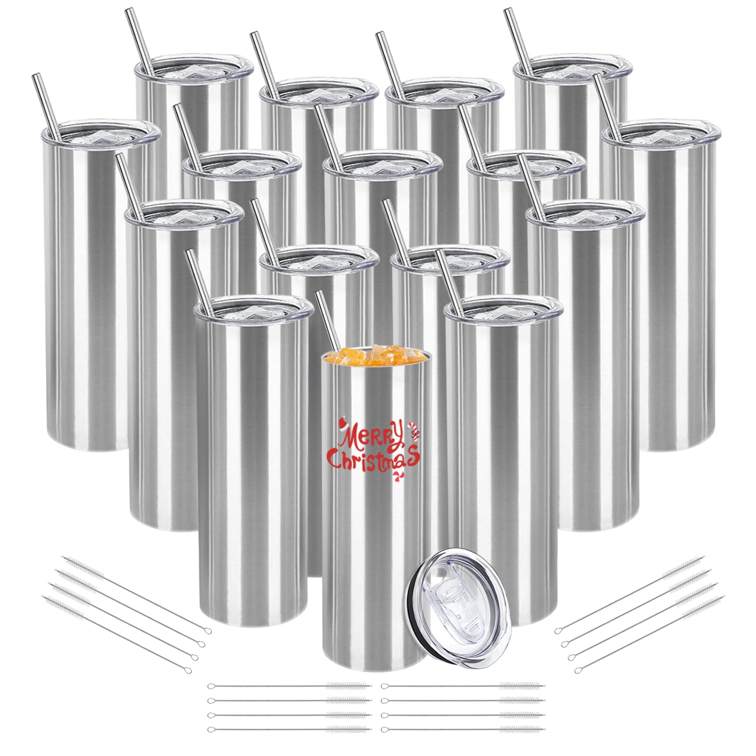 Youke Ola 16 Pack Stainless Steel Skinny Tumblers Blank Bulk Straight Double Wall Insulated Tumbler With Lid And Straw For, Diy 