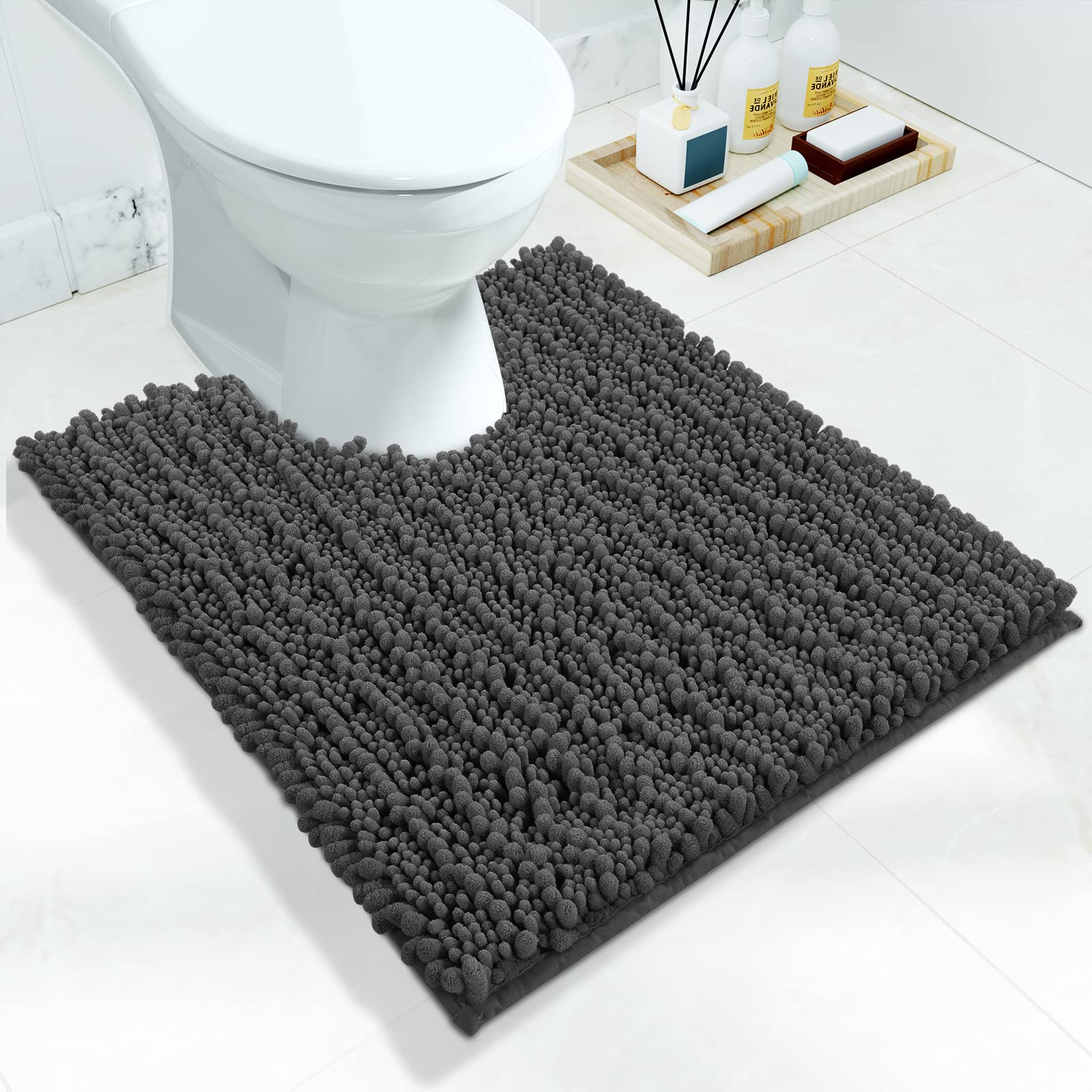 Yimobra Luxury Shaggy Toilet Rug, Non-Slip Contour Bath Mat For Bathroom Floor, 24.4 X 20.4 Inches, Soft Comfortable U-Shaped To