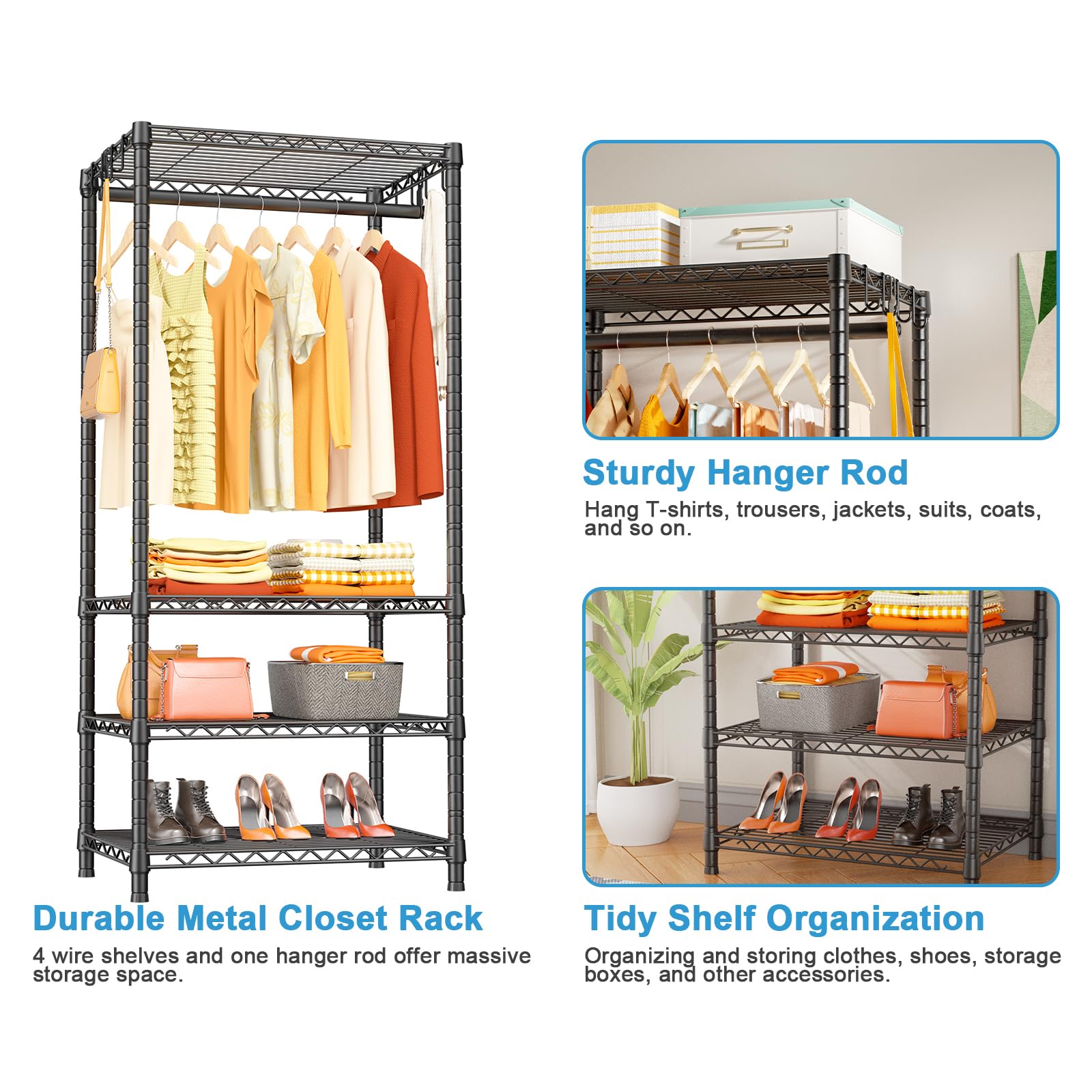 Ulif H4 Mini Portable Closet, 4 Tiers Freestanding Clothing Garment Rack For Small Space, Metal Clothes Wardrobe System For Bedr
