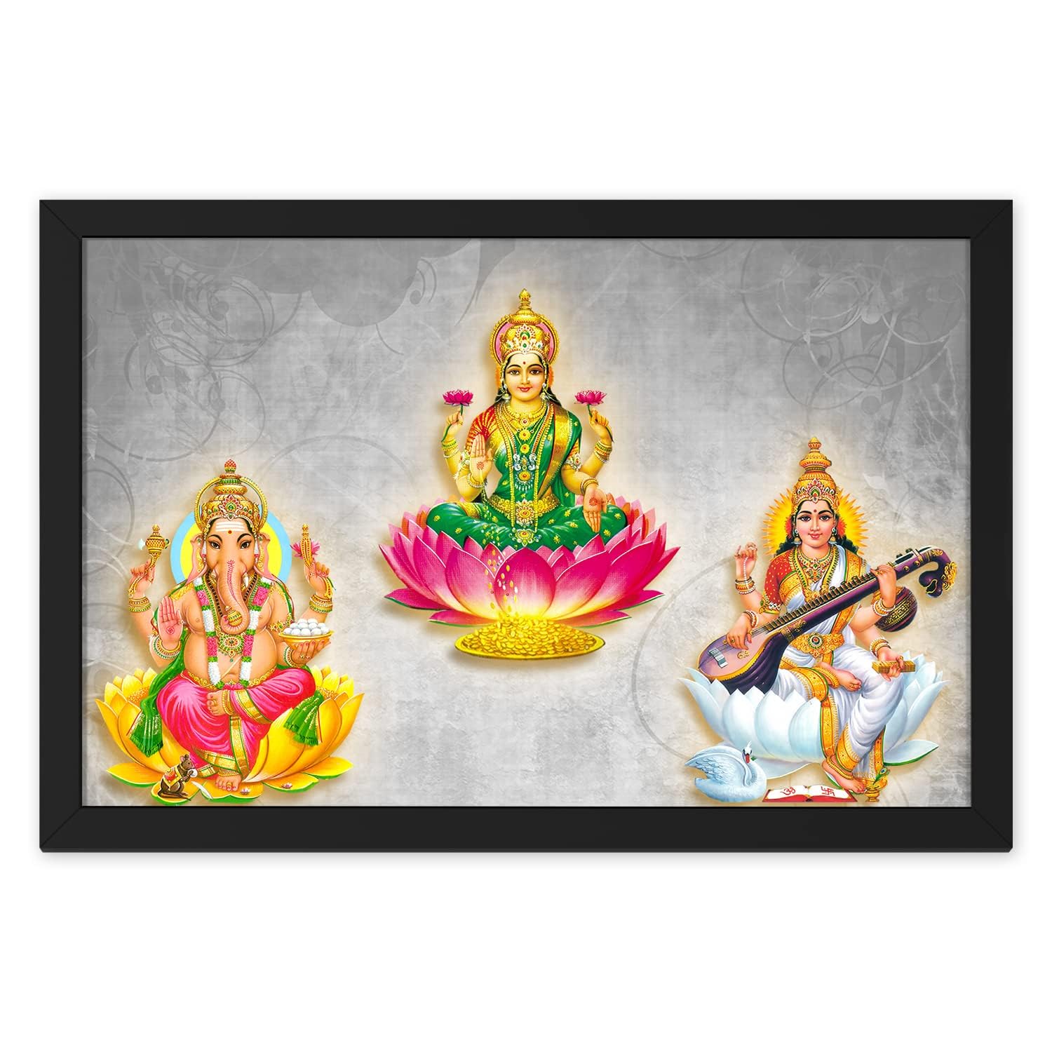 Ritwikas Laxmi Ganesh Saraswati Religious Painting With Synthetic Frame Abstarct Digital Wall Art For Diwali Pooja Home & Offce 