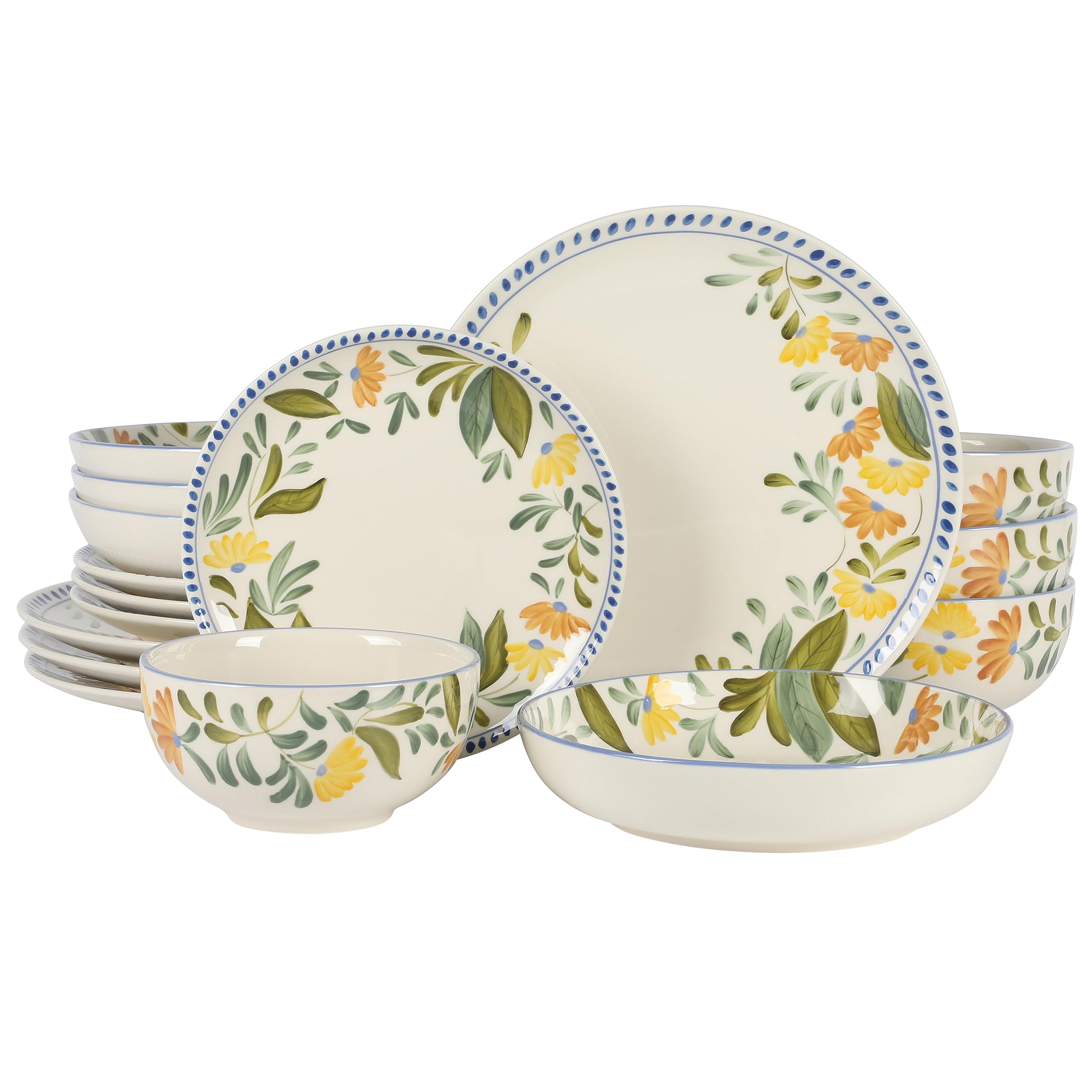 Bloomhouse - Two Time Oprahs Favorite Things Winner - Posy Blossom Double Bowl Hand Painted Stoneware Plates and Bowls Floral D