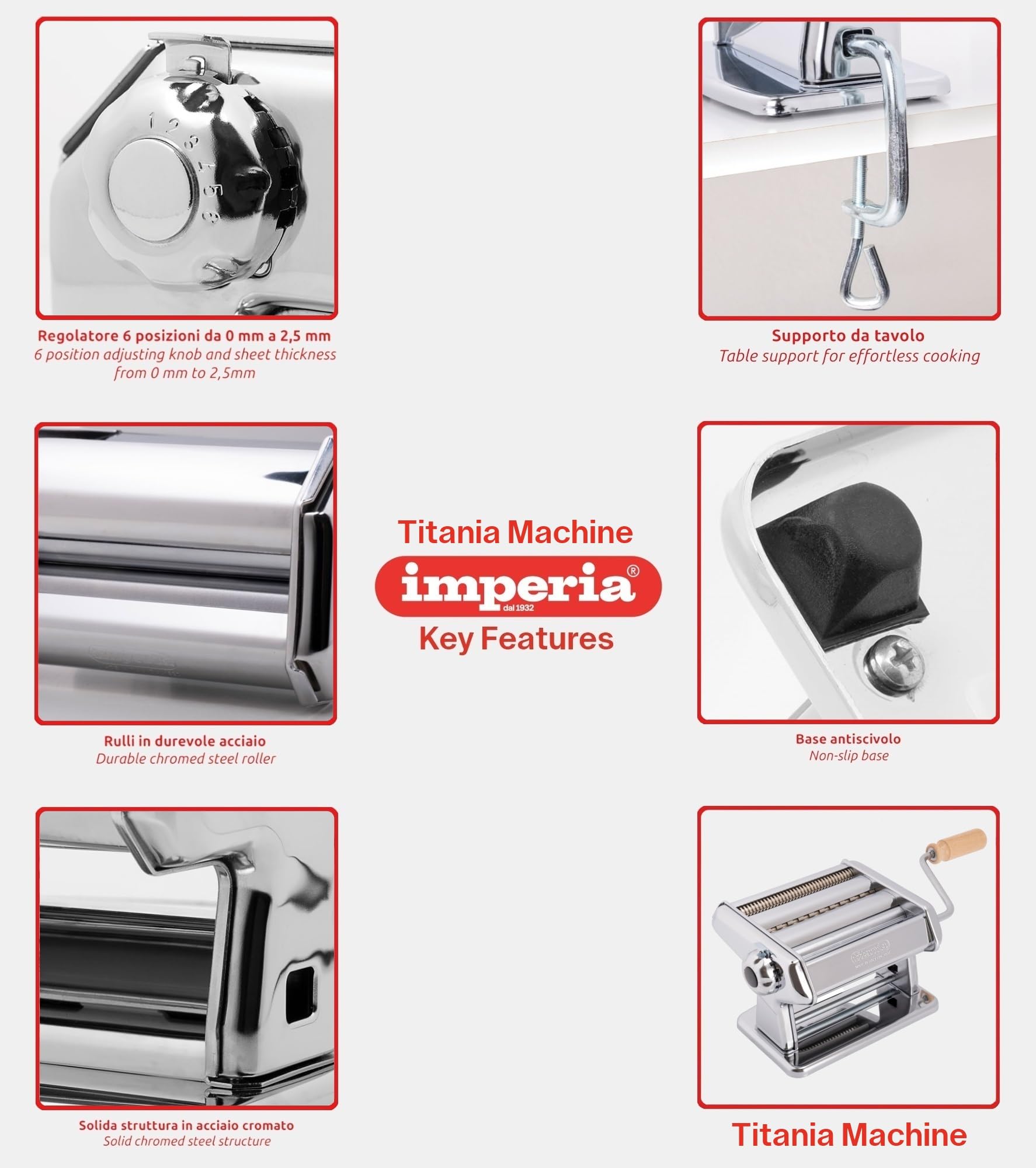 Imperia Titania. Pasta Machine. 100% Made In Italy. Fresh Pasta Machine In Steel. Manual Roller With Crank. Creates Dough Sheets