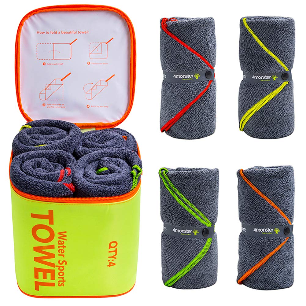 Monster 4 Pack Microfiber Camping Towel Quick Dry,Super Absorbent Travel Portable Swim Towel With Waterproof Towel Bag, Lightwei