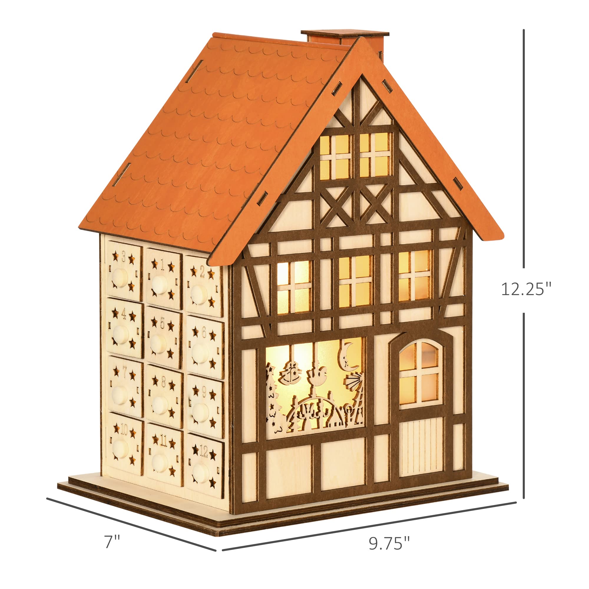 HOMCOM Wooden Christmas Advent Calendar House, Light Up Table Holiday Decoration with 24 Countdown Drawers and LED Lights, for K