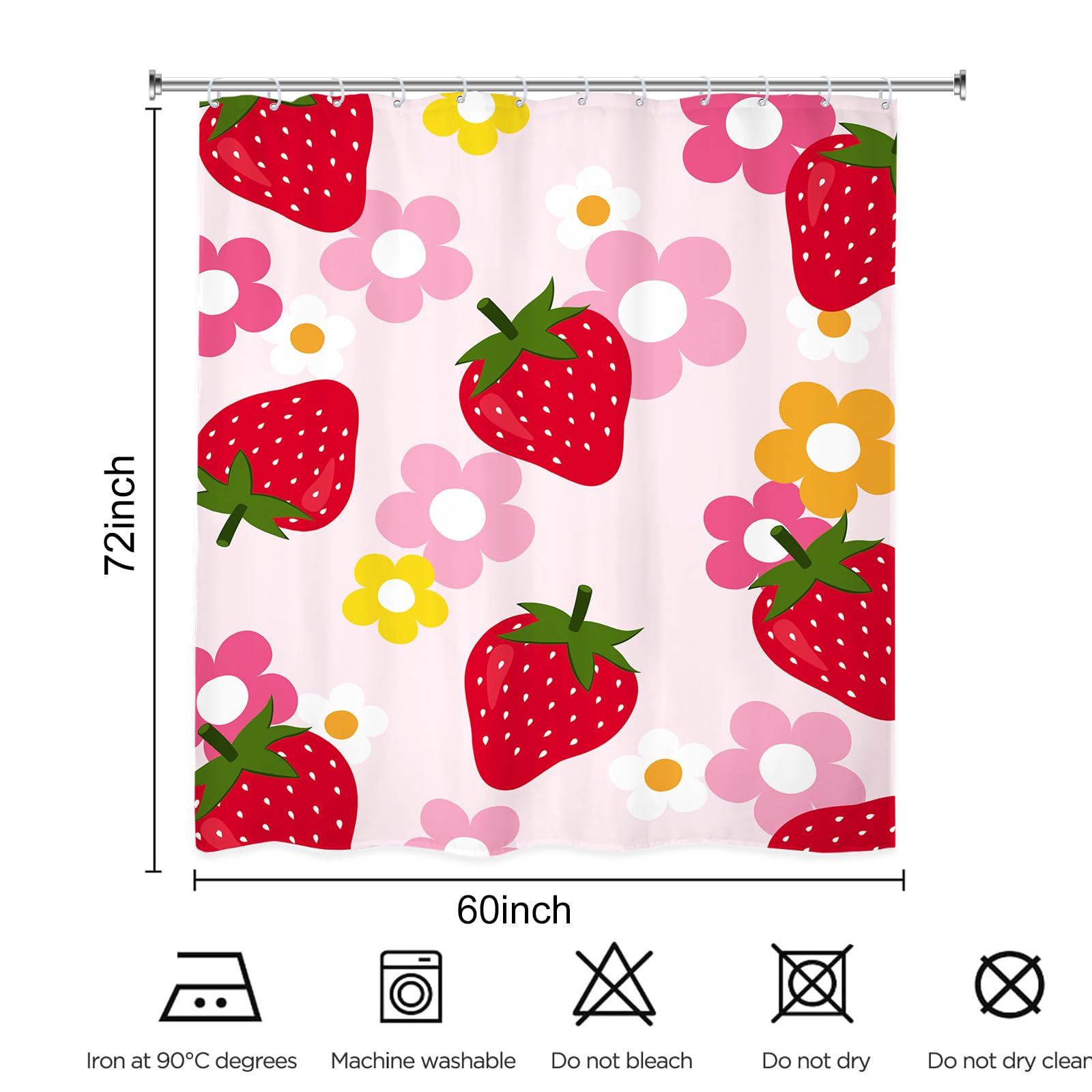 Kalmico Cute Strawberry Fruit Shower Curtain 60Wx72L Inch Girls Flower Floral Y2K Pink Red Bathroom Set Accessories Decor Polyes