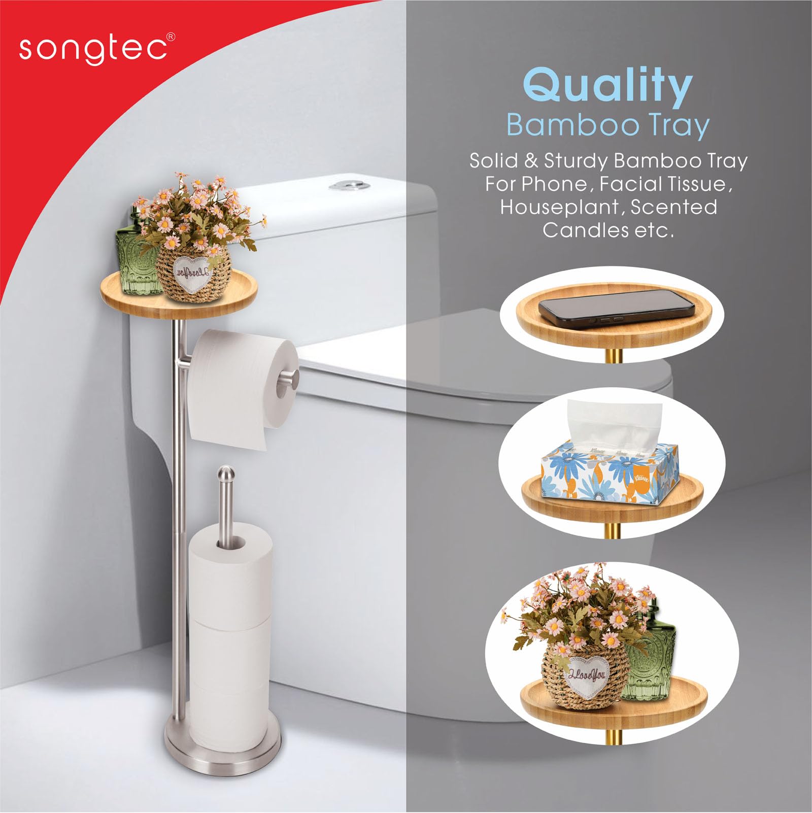 Toilet Paper Holder Stand With 7.9'' Big Bamboo Tray, Holds 5 Rolls, Floor Standing Paper Holder Storage Stand With Phone Shelf,