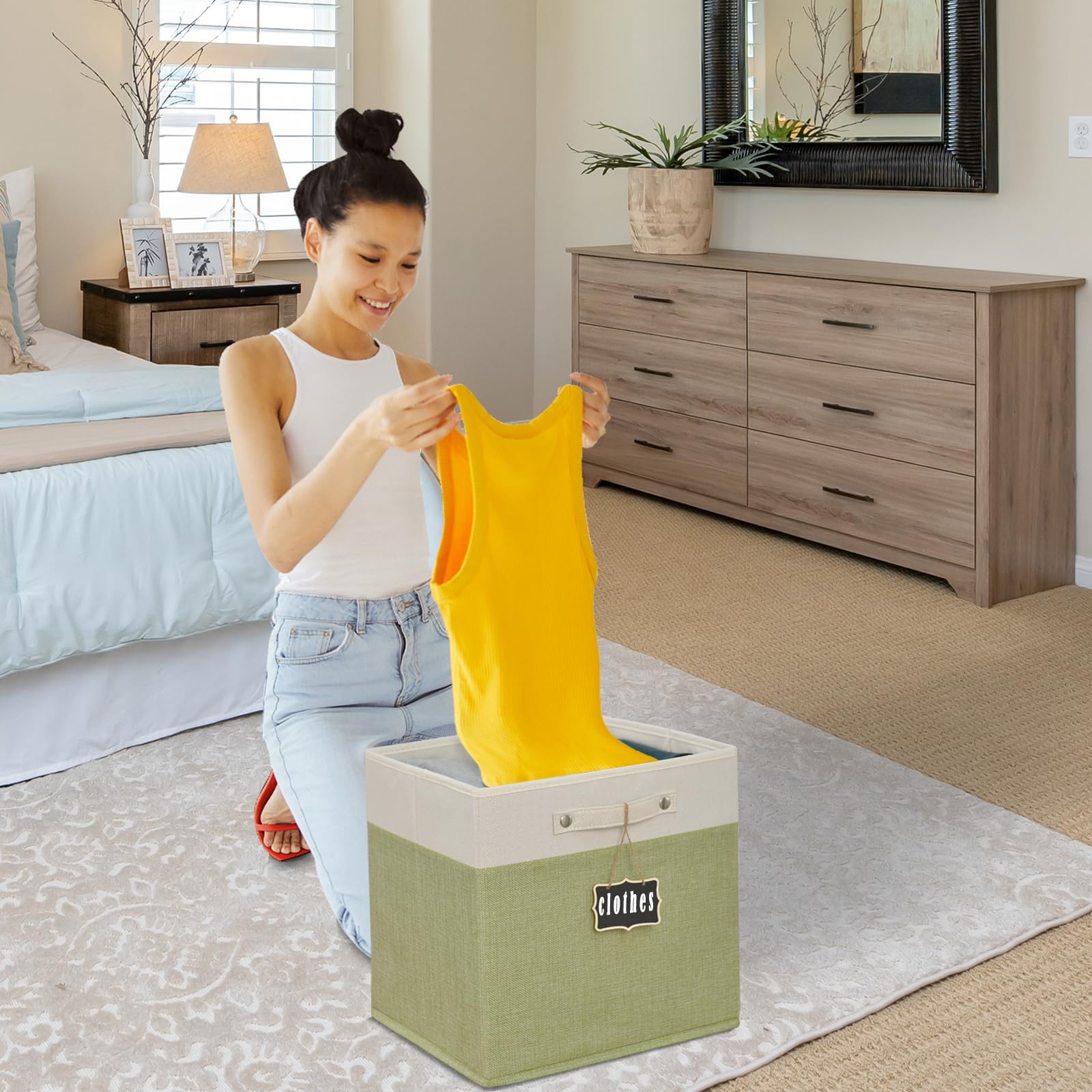 11 Inch Cube Storage Bin,Collapsible Fabric Storage Cubes With Labels 4 Pack,Linen Cube Storage Organizer Bins With Cotton Handl