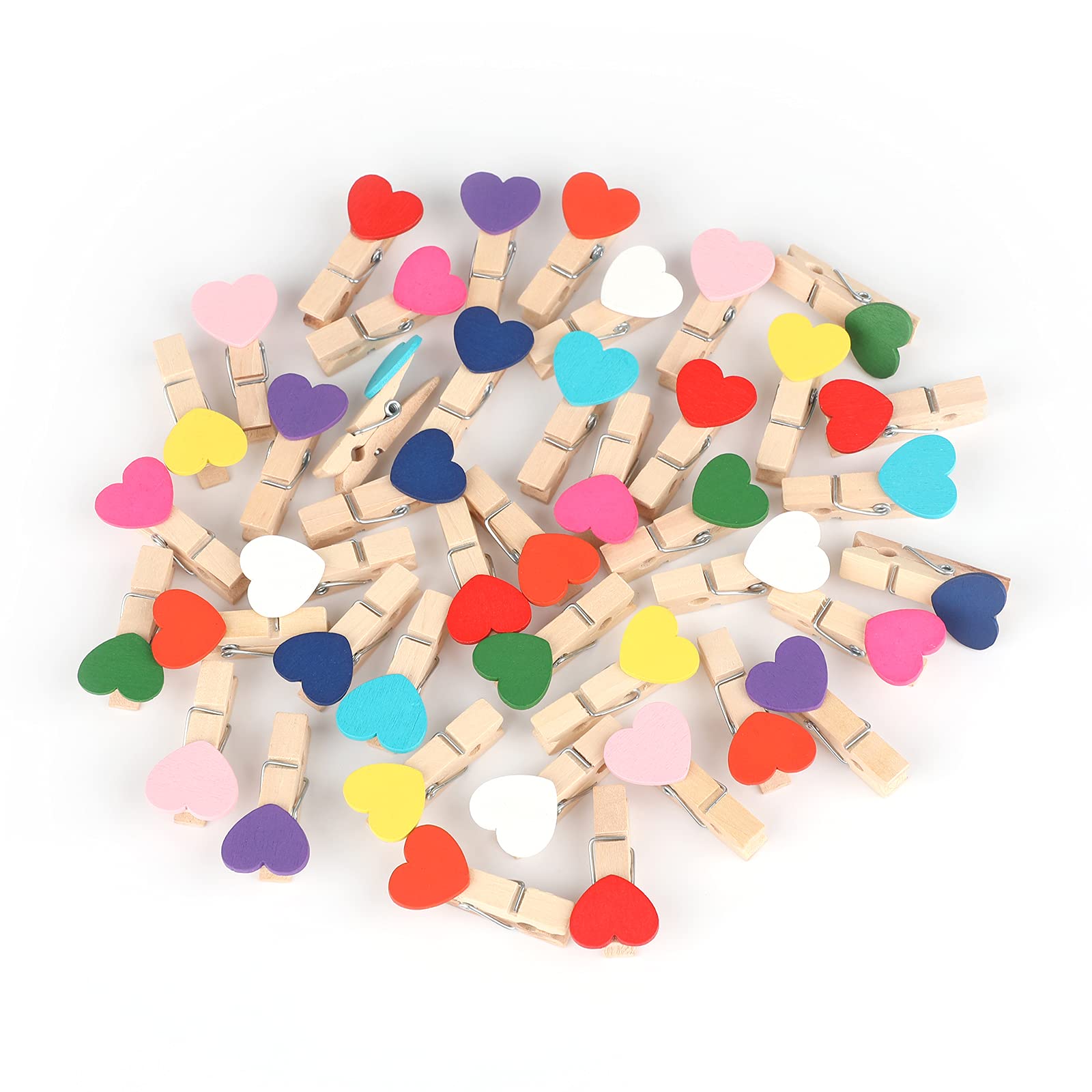 Jijacraft 100Pcs Clothespins With String, 1.4 Inch Heavy-Duty Wooden Clothes Pins With Color Heart, Mini Photo Clips For Hanging