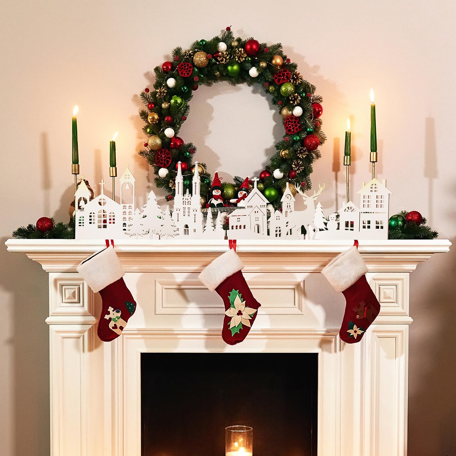 Colingmill 32 Inch Christmas Tabletop Decoration Wooden Christmas Themed White Church Xmas Tree and Elk Signs Farmhouse Centerpi