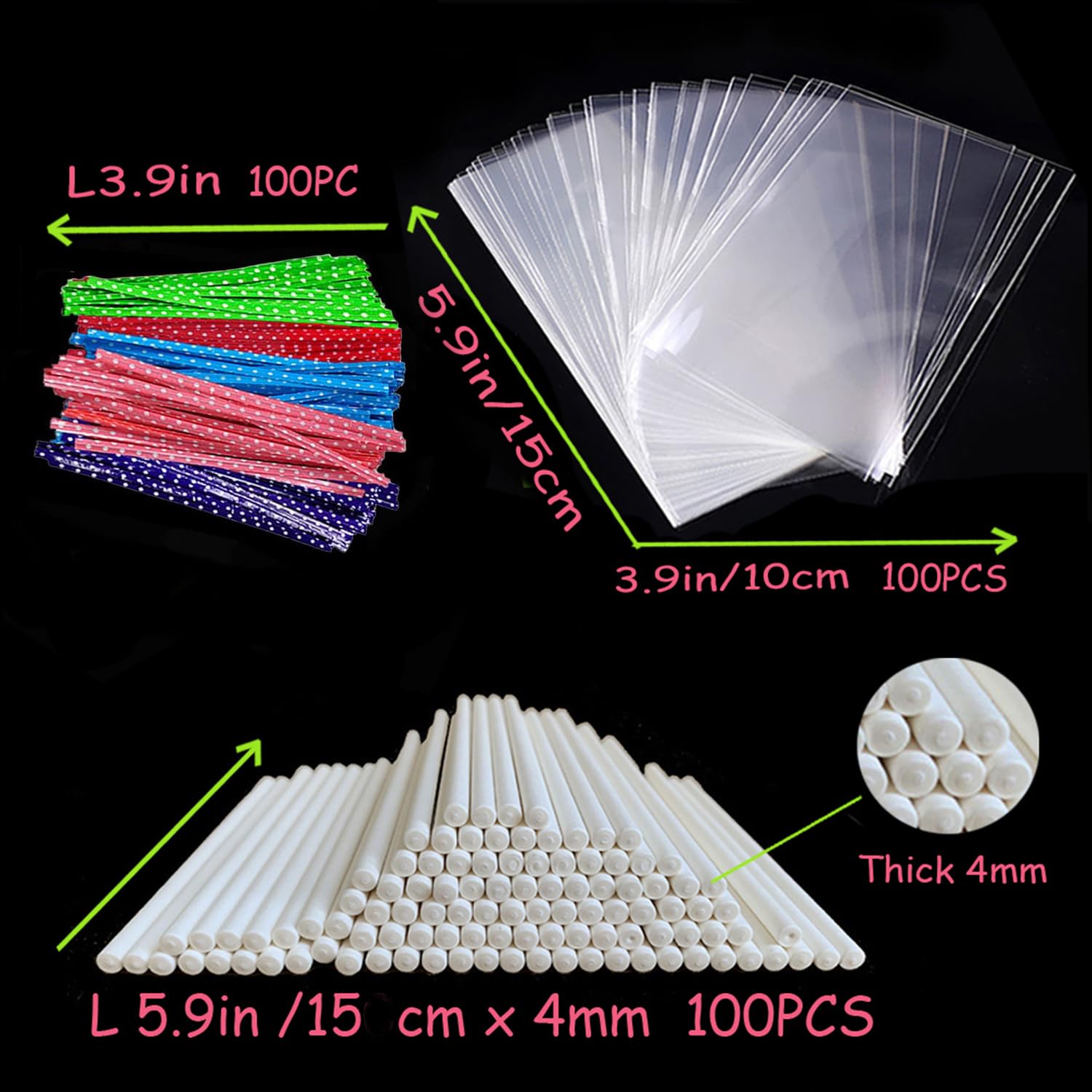 Fuator 300 Pcs Lollipop Cake Pop Sticks Set 5.9 In, Cake Pop Bags (5.9''X3.1''), Colorful Metallic Twist Ties, For Diy Lollipops