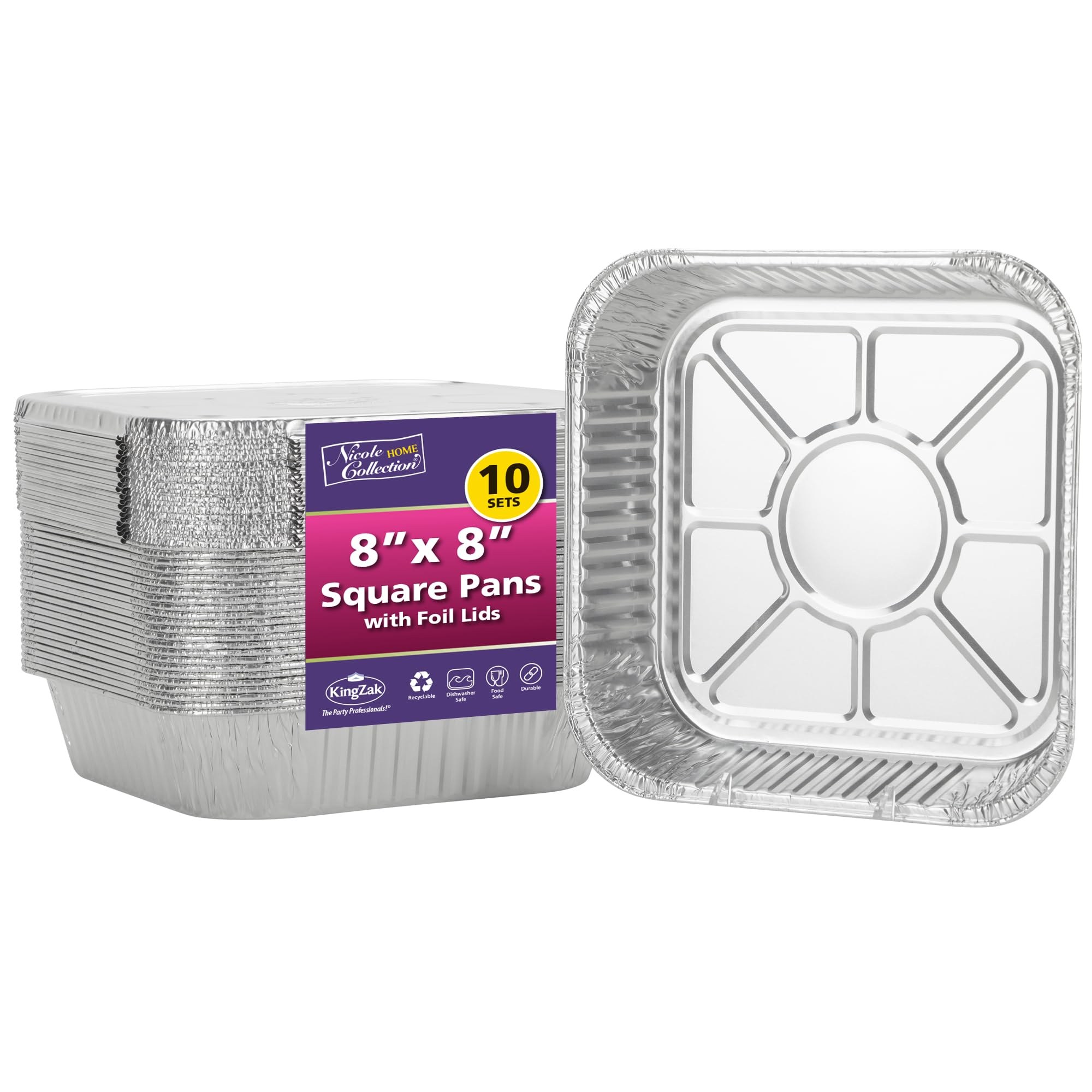 8x8 Aluminum Pans With Lids (10 Pack) 8 Inch Foil Pans With Covers - Cake Pans - Aluminum Square Pans With Lids - Disposable Foo