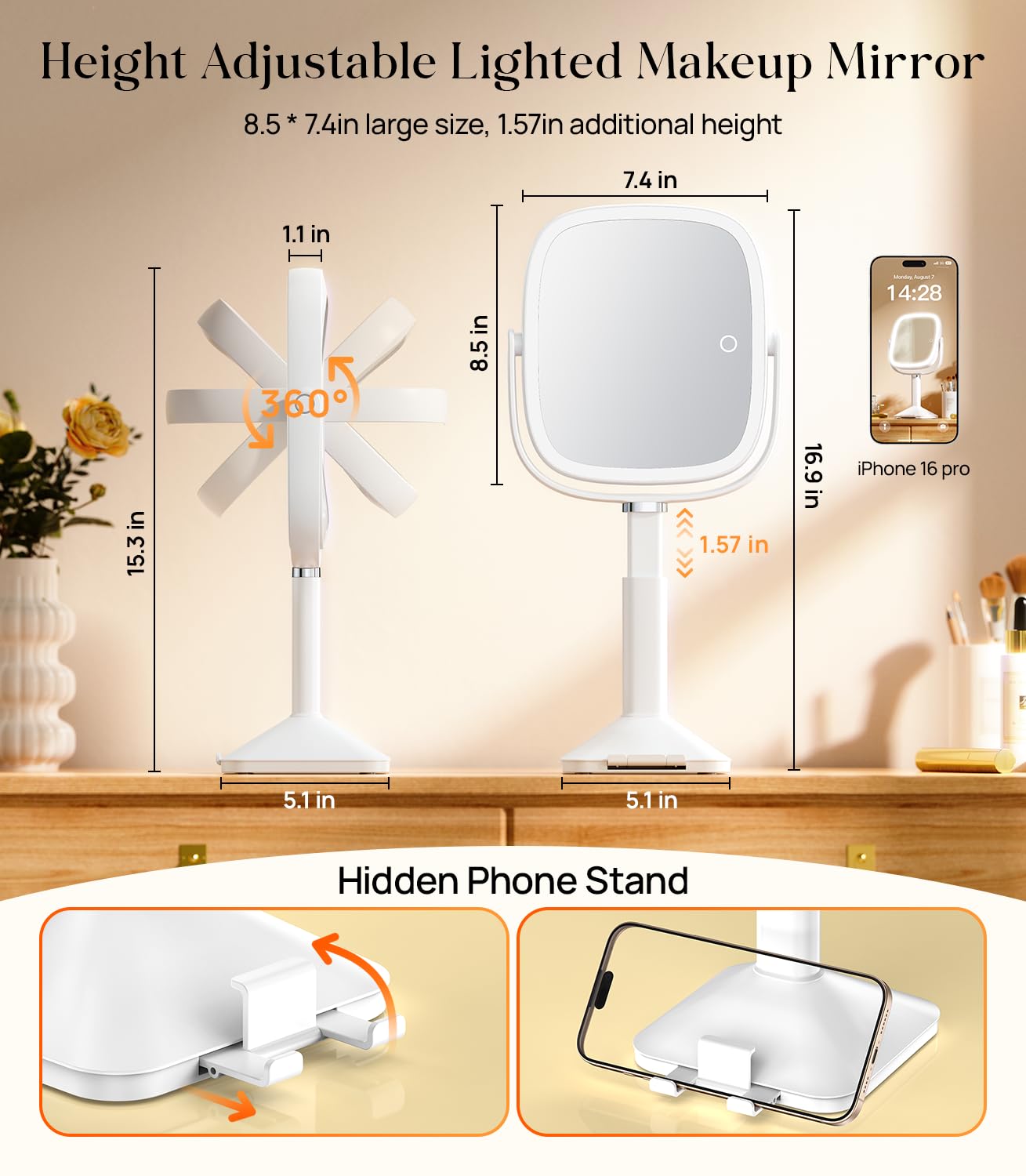 Gospire 1X/10X Lighted Magnifying Mirror with Lights, Height Adjustable Lighted Makeup Mirror with Magnification for Desk, Hidde