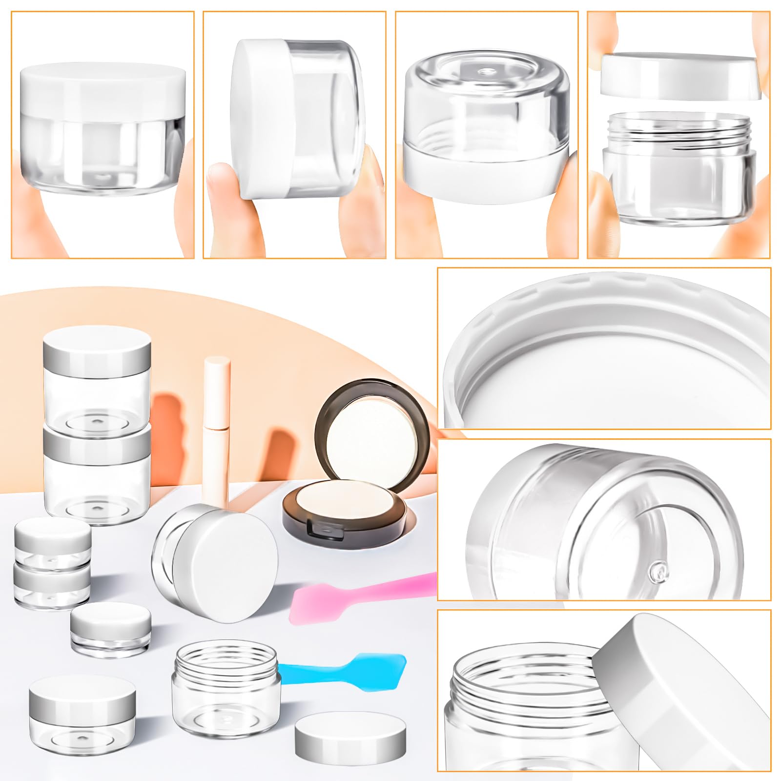 Motbach 60Pcs Makeup Travel Containers With Lids, 3/5/10/15/20 Gram Empty Plastic Containers With Lids, Makeup Sample Containers