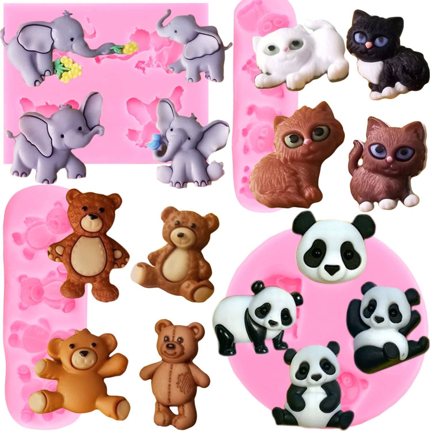 Zixiang Elephant Bear Panda Cat Silicone Fondant Molds For Chocolate Candy Resin Sugar Gum Paste Cake Decorating Set Of 4