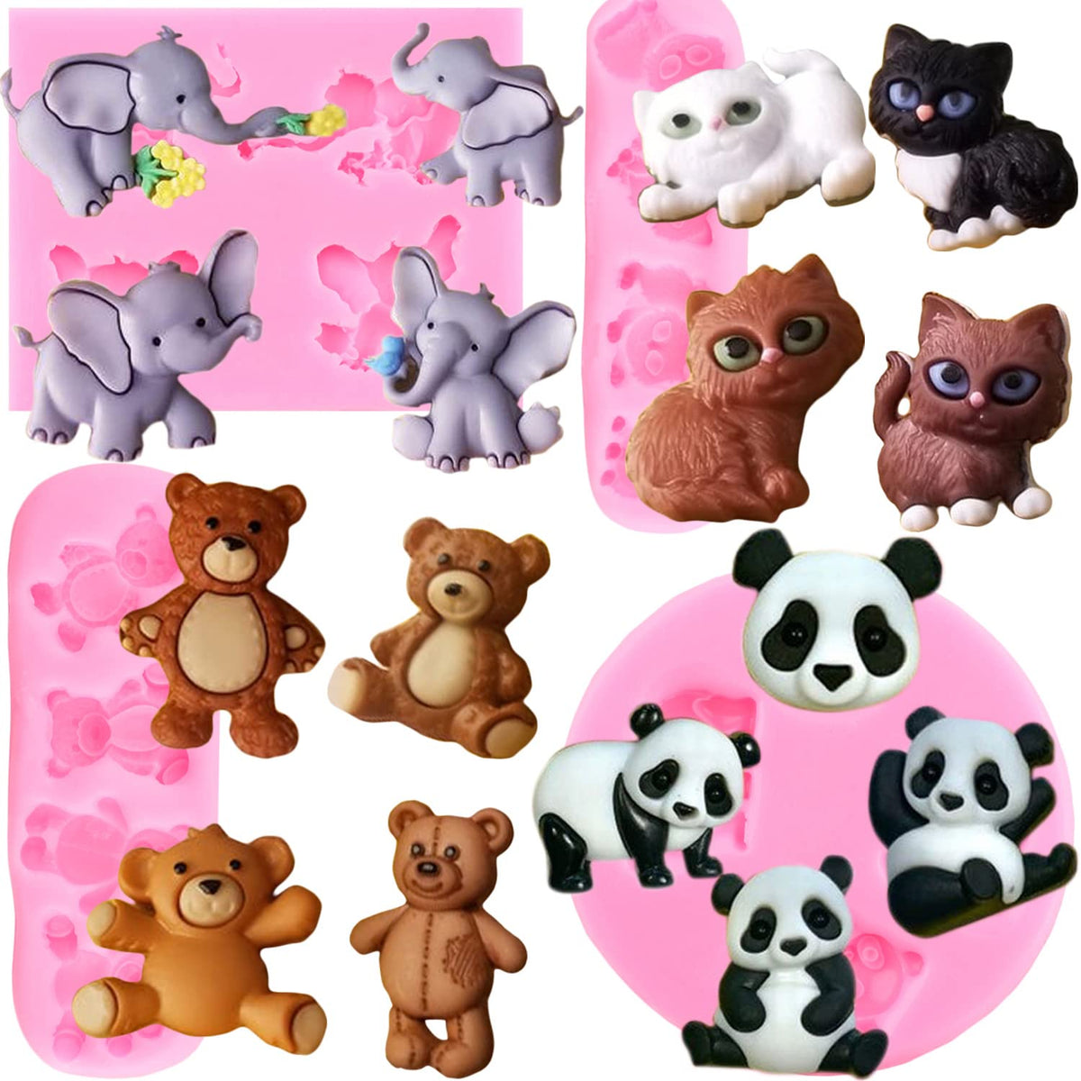 Zixiang Elephant Bear Panda Cat Silicone Fondant Molds For Chocolate Candy Resin Sugar Gum Paste Cake Decorating Set Of 4