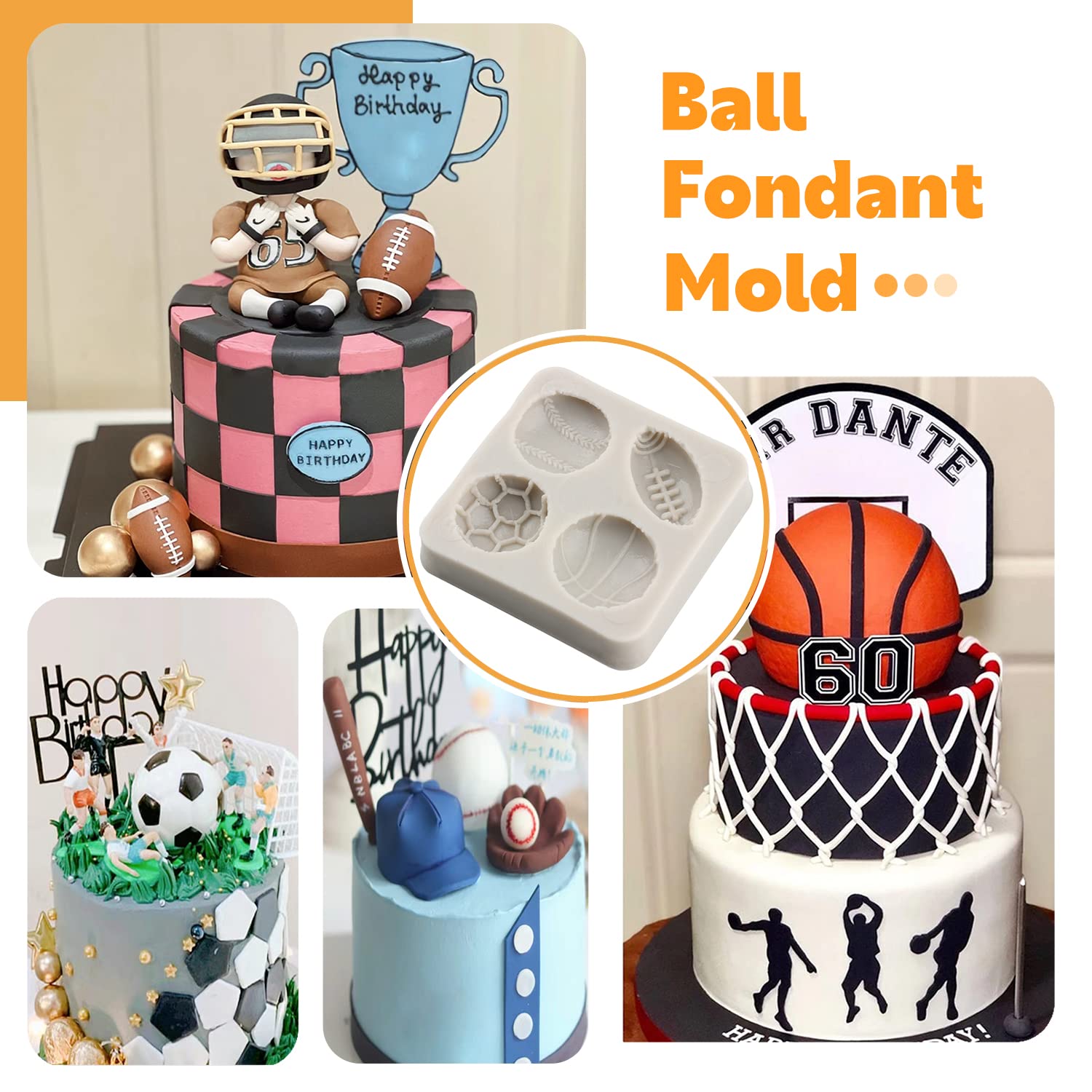 Sijiangmold Baseball Fondant Mold Football Basketball Softball Silicone Mold For Cake Decorating Cupcake Topper Polymer Clay Can
