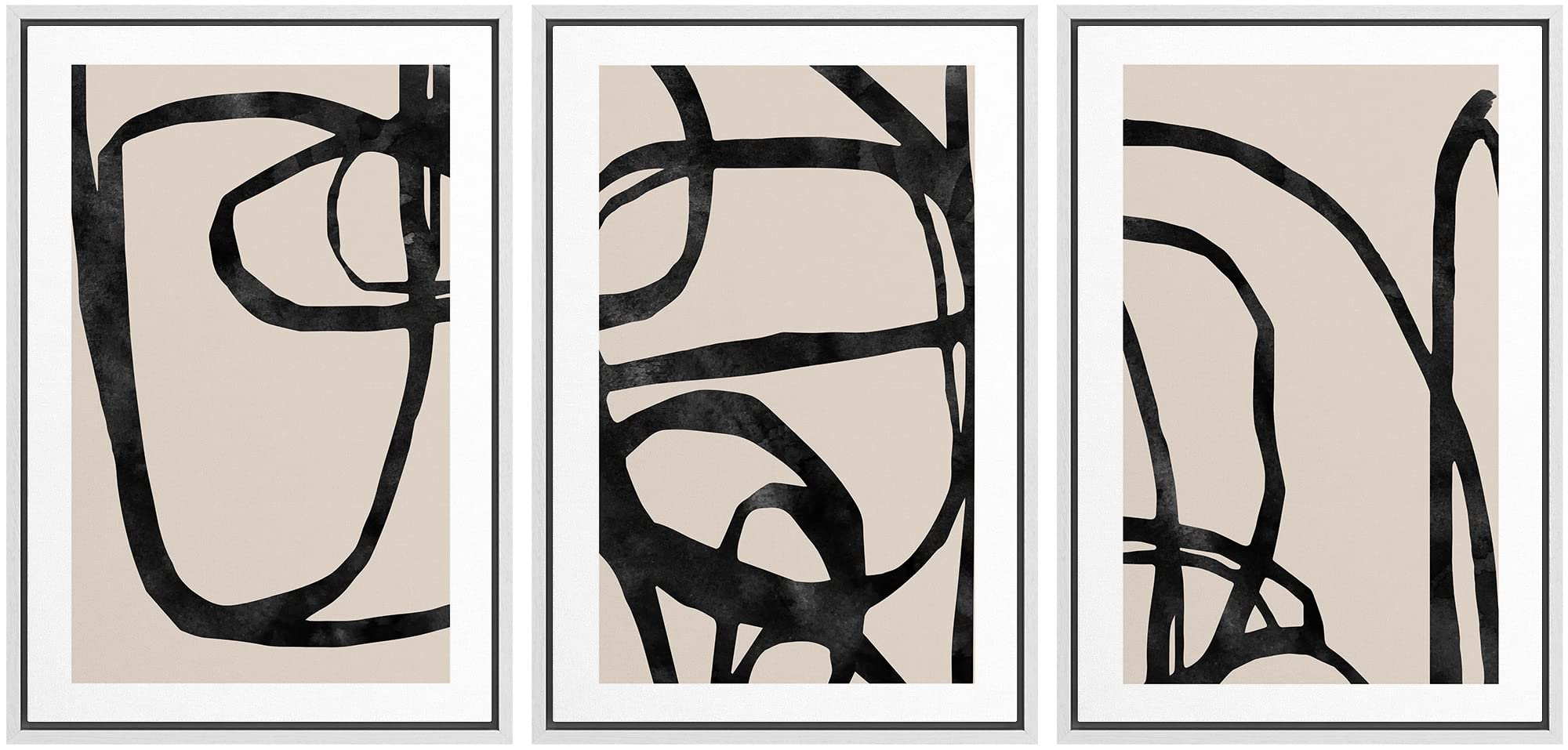 Signford Framed Canvas Print Wall Art Set Mid-Century Black Tan Line Collage Abstract Shapes Illustrations Modern Art Bohemian N