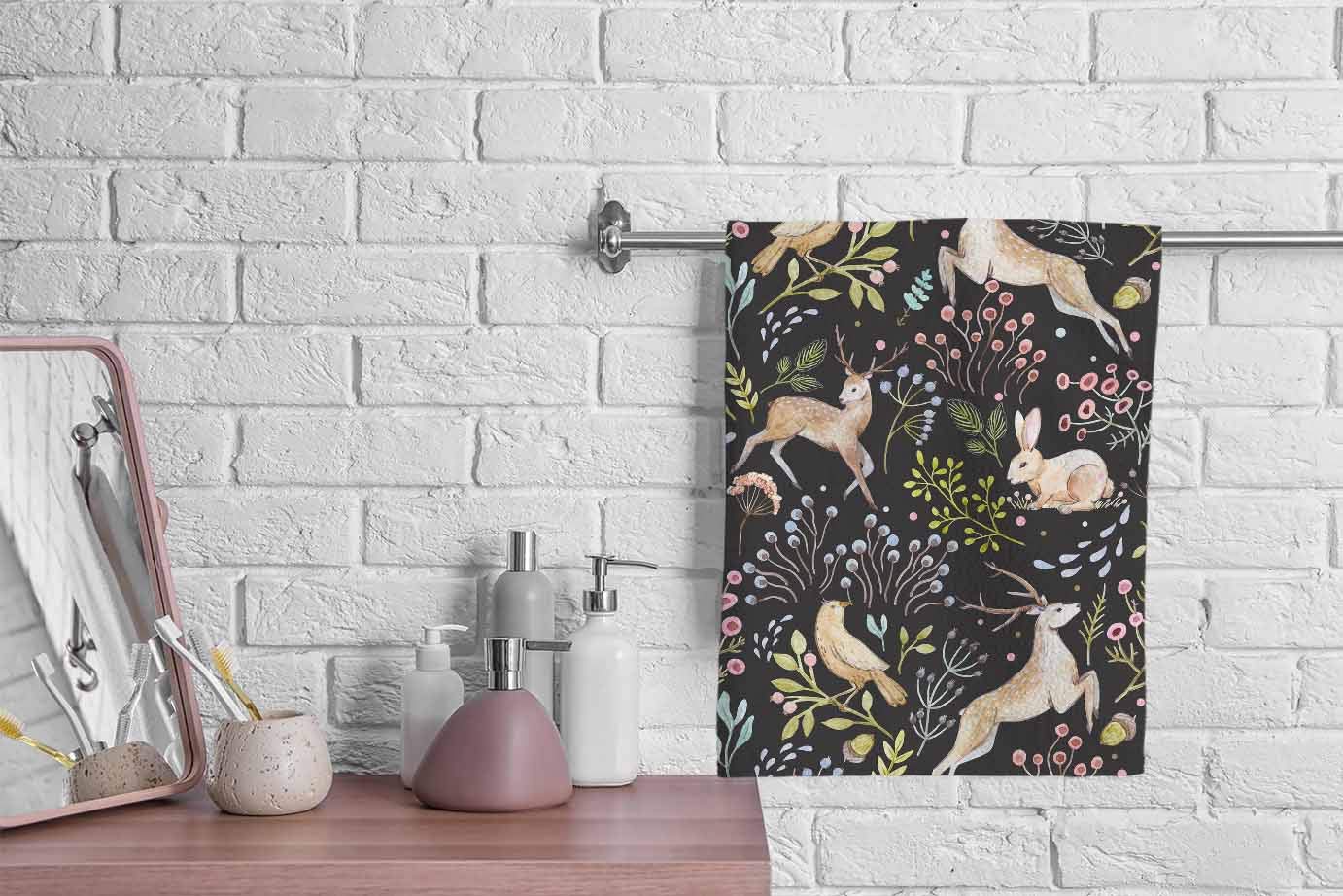 Ofloral Deer And Rabbit Hand Towels Cotton Washcloths,Watercolor Flowers And Bird On Branch Dark Super-Absorbent Soft Towels For