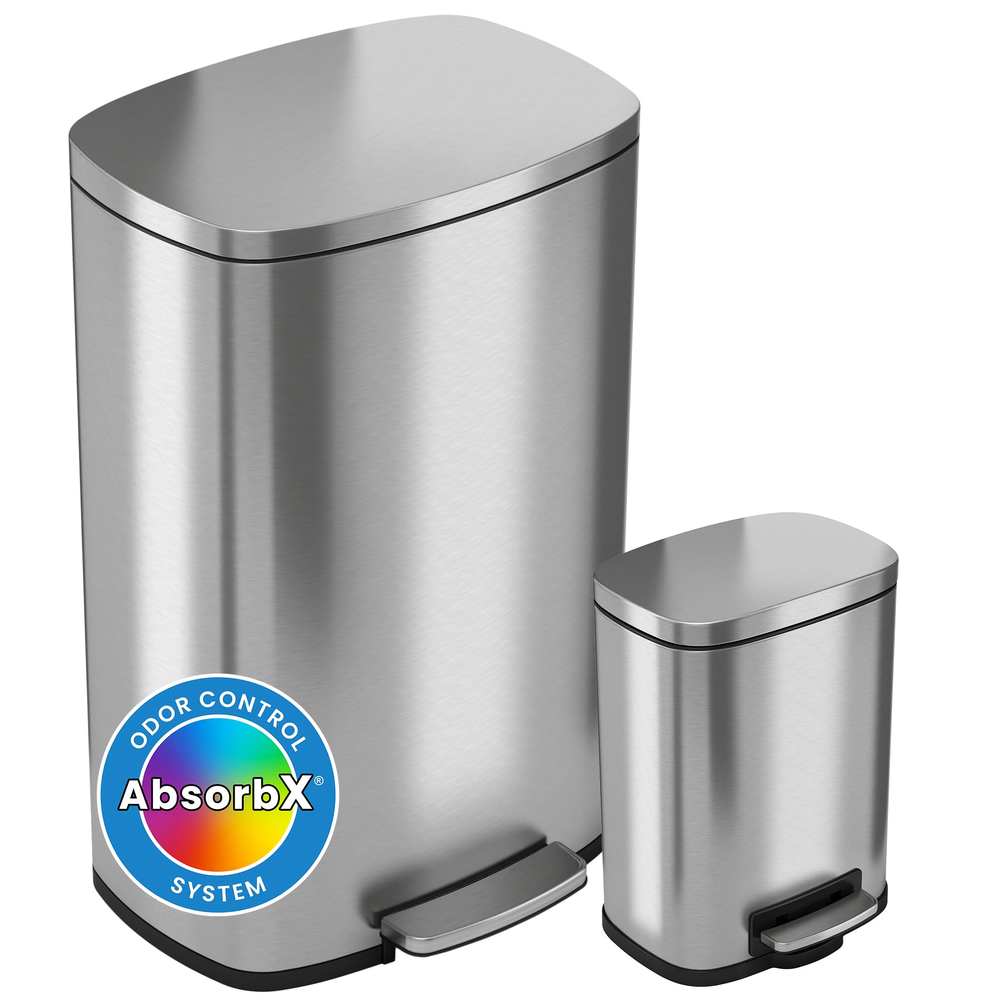 Itouchless Softstep Combo Pack 13.2 Gal & 1.32 Gal Step Trash Can With Odor Filter & Inner Bucket, Stainless Steel Step Pedal Ga