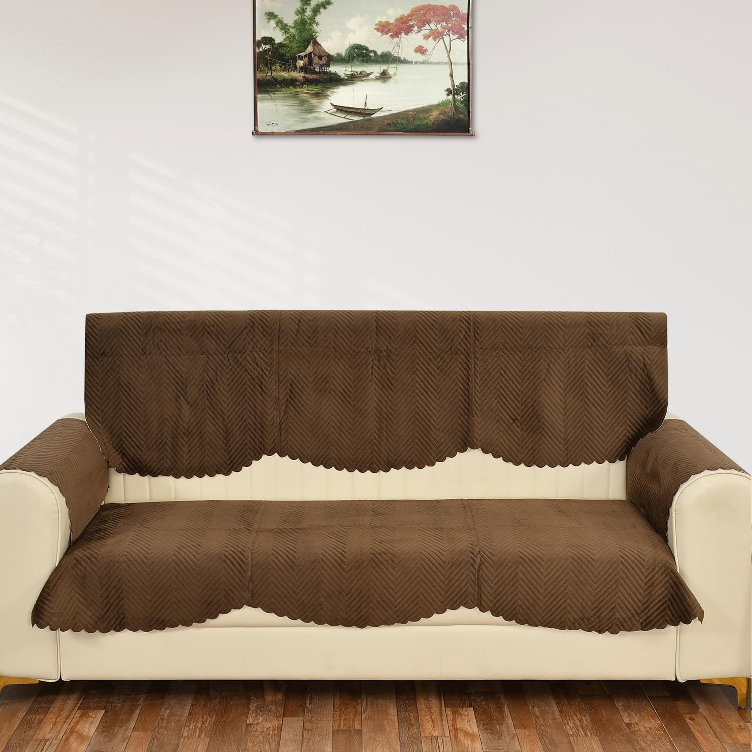 Yellow Weaves 3 Seater Quilted Sofa Cover And Chair Cover With Arm Cover, Seat & Back Cover, Color - Dark Brown - Velvet