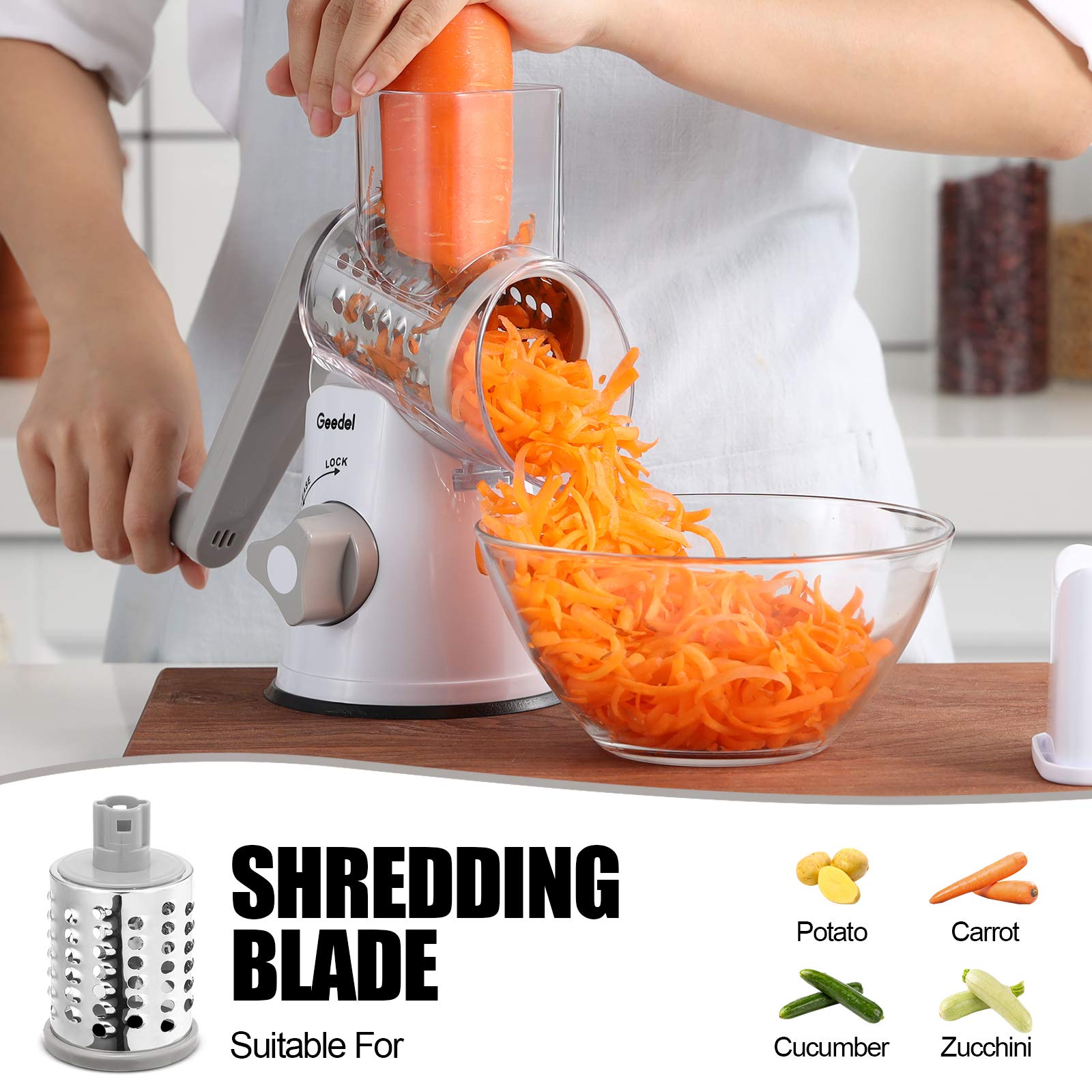 Geedel Rotary Cheese Grater & Vegetable Slicer, 3 Blades, Easy to Clean, White